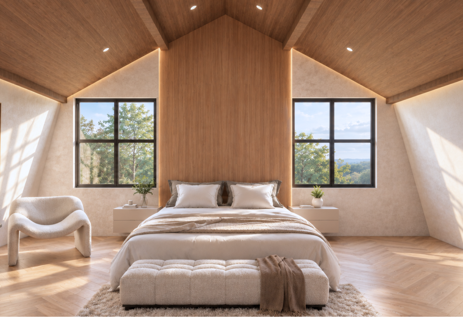 Primary bedroom under a vaulted wood-plank ceiling with a central LED-lit vertical wood panel behind the bed, cream bedding with a chunky knit throw, a tufted bench, floating cream nightstands, a cream bouclé armchair and twin black-framed windows onto trees over a shaggy rug on herringbone oak