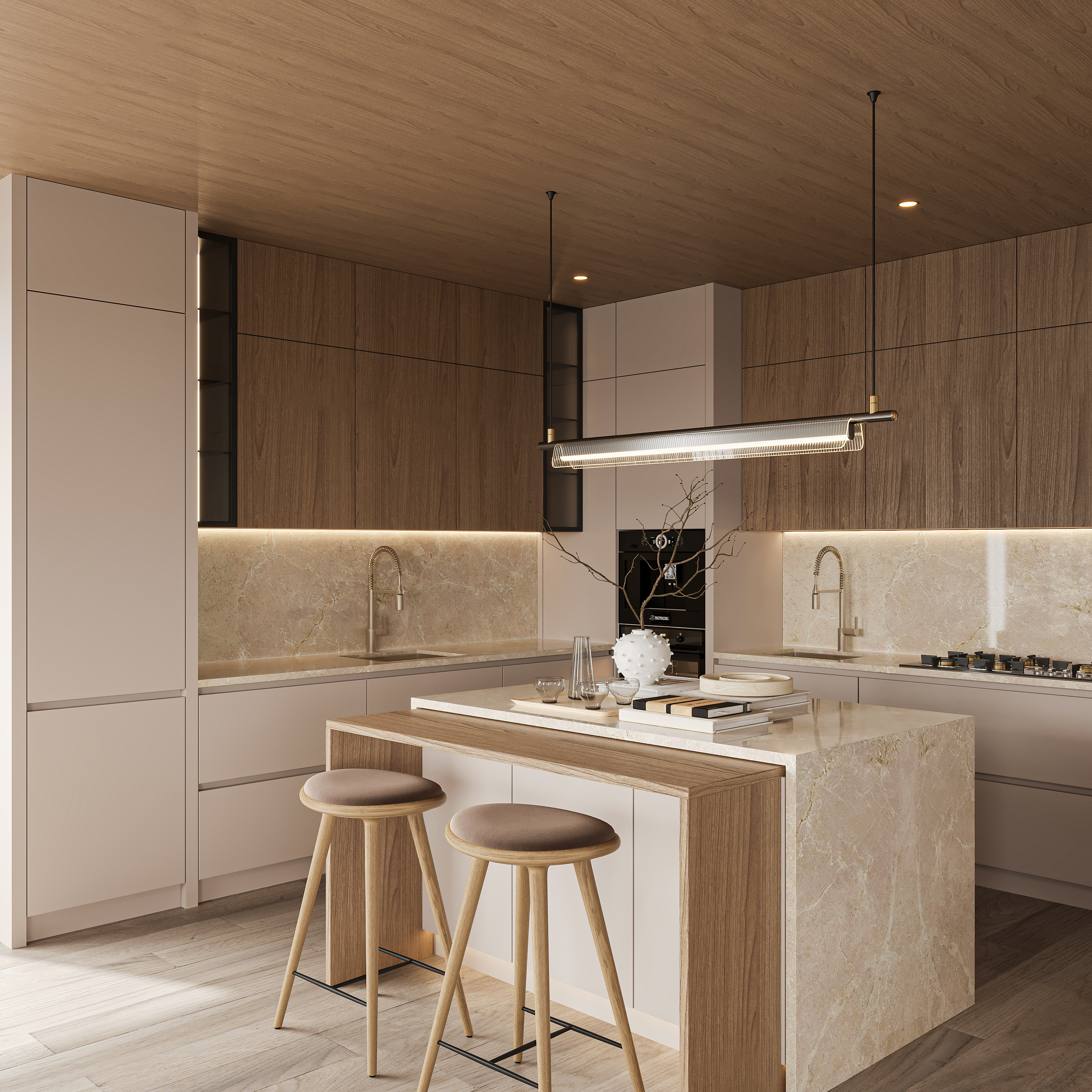 Kitchen with a book-matched stone island and waterfall end, oak-topped breakfast ledge with two stools, walnut upper cabinetry, backlit stone splashback and a linear reeded pendant
