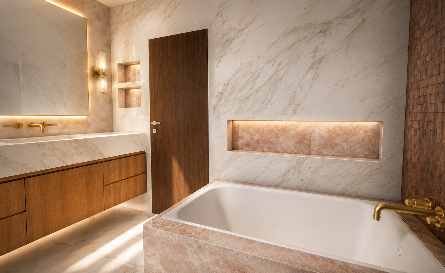 Bathroom in white marble with a brass-framed backlit mirror, walnut vanity with a carved stone basin and brass taps, lit display niches, a dark walnut door and a marble-clad bath beside the bronze mosaic wall