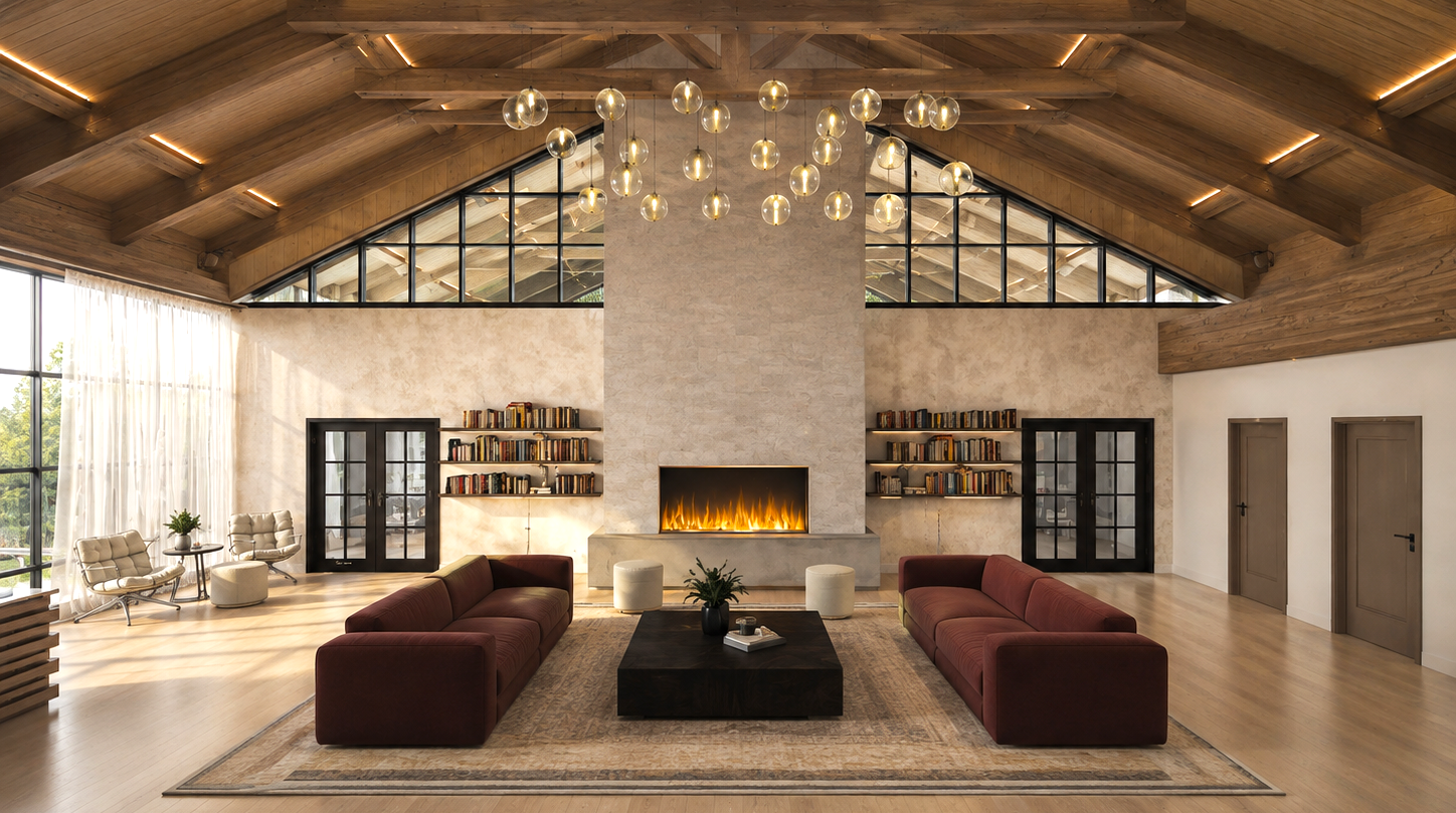 Double-height lounge with a vaulted timber-beam ceiling, a full-height stone fireplace with a linear fire, clustered glass globe pendants, paired oxblood sofas flanking a dark timber coffee table on a patterned rug, floating bookshelves and sheer-curtained clerestory glazing