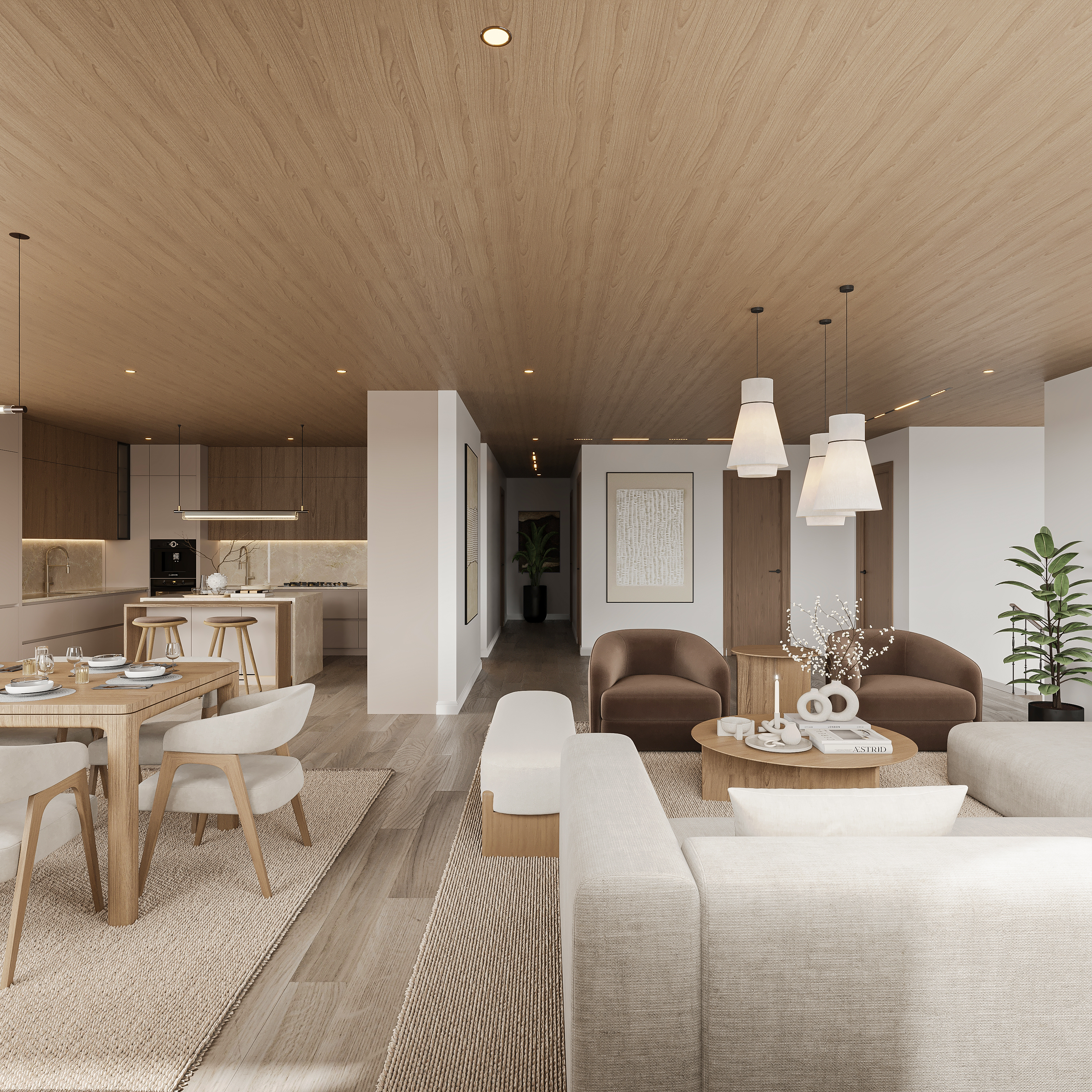 Open plan living and dining under a continuous oak ceiling, with the stone-island kitchen and oak stools at one end, a set dining table, linen sectionals, leather tub chairs and conical pendants