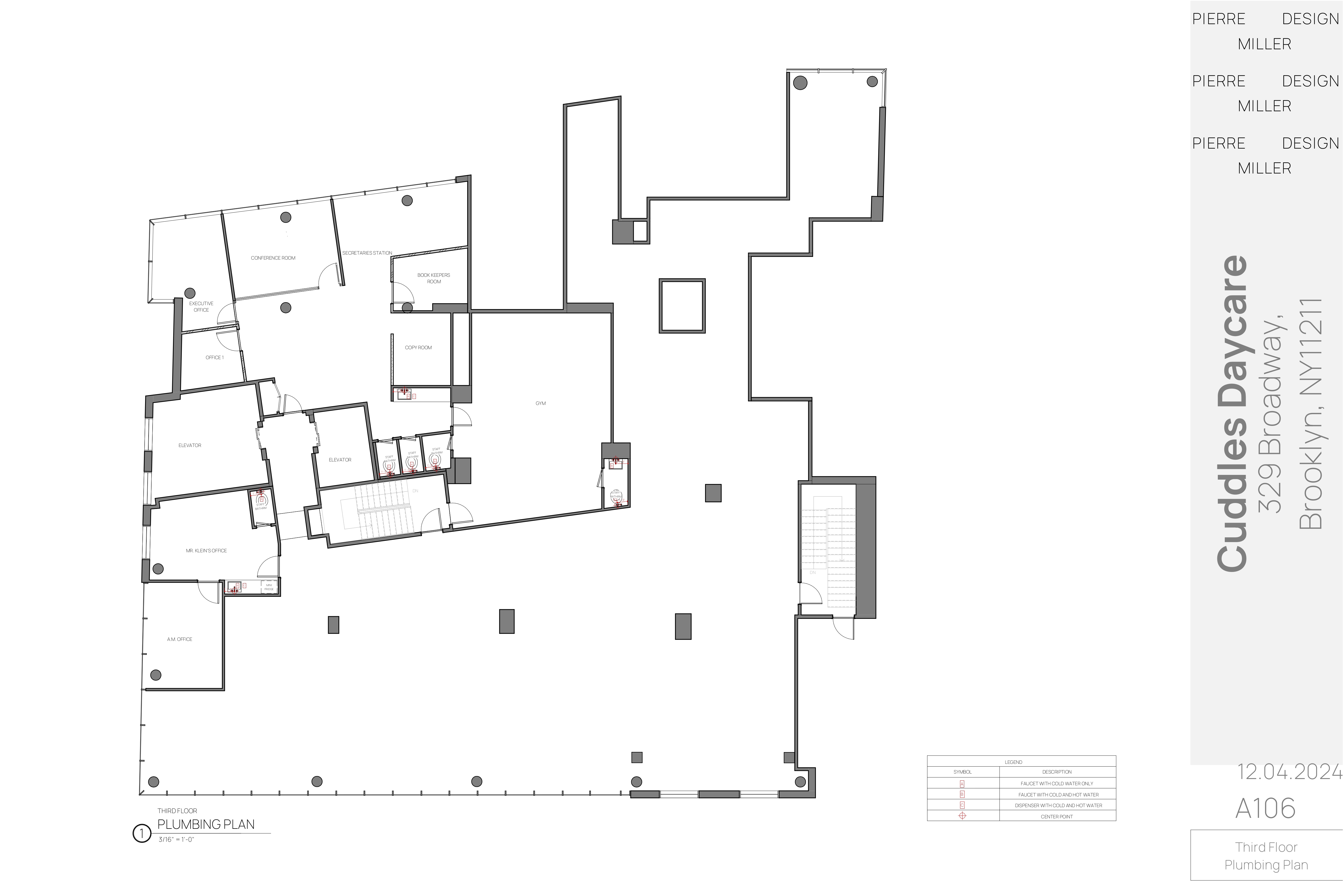 Drawing A106 — third floor plumbing plan marking faucets, hot and cold supplies and centre points around the offices, copy room and gym