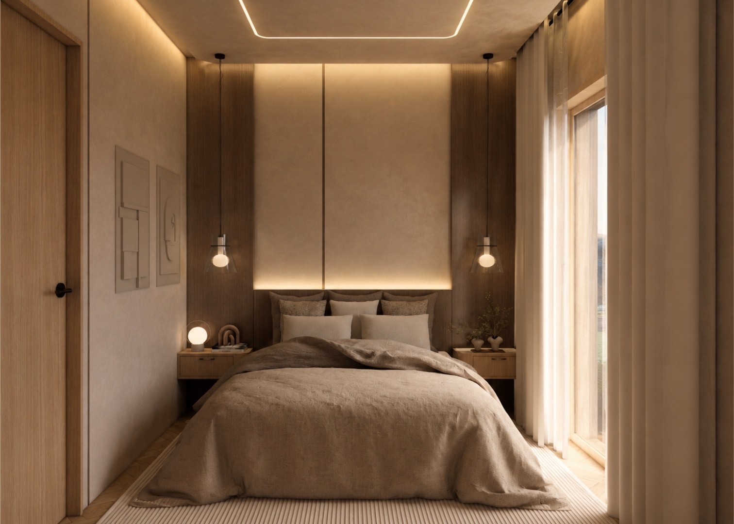 Bedroom with a backlit upholstered headboard panel framed in pale oak, linen bedding, floating oak nightstands, paired glass globe pendants, plaster relief artworks and sheer curtains at the window