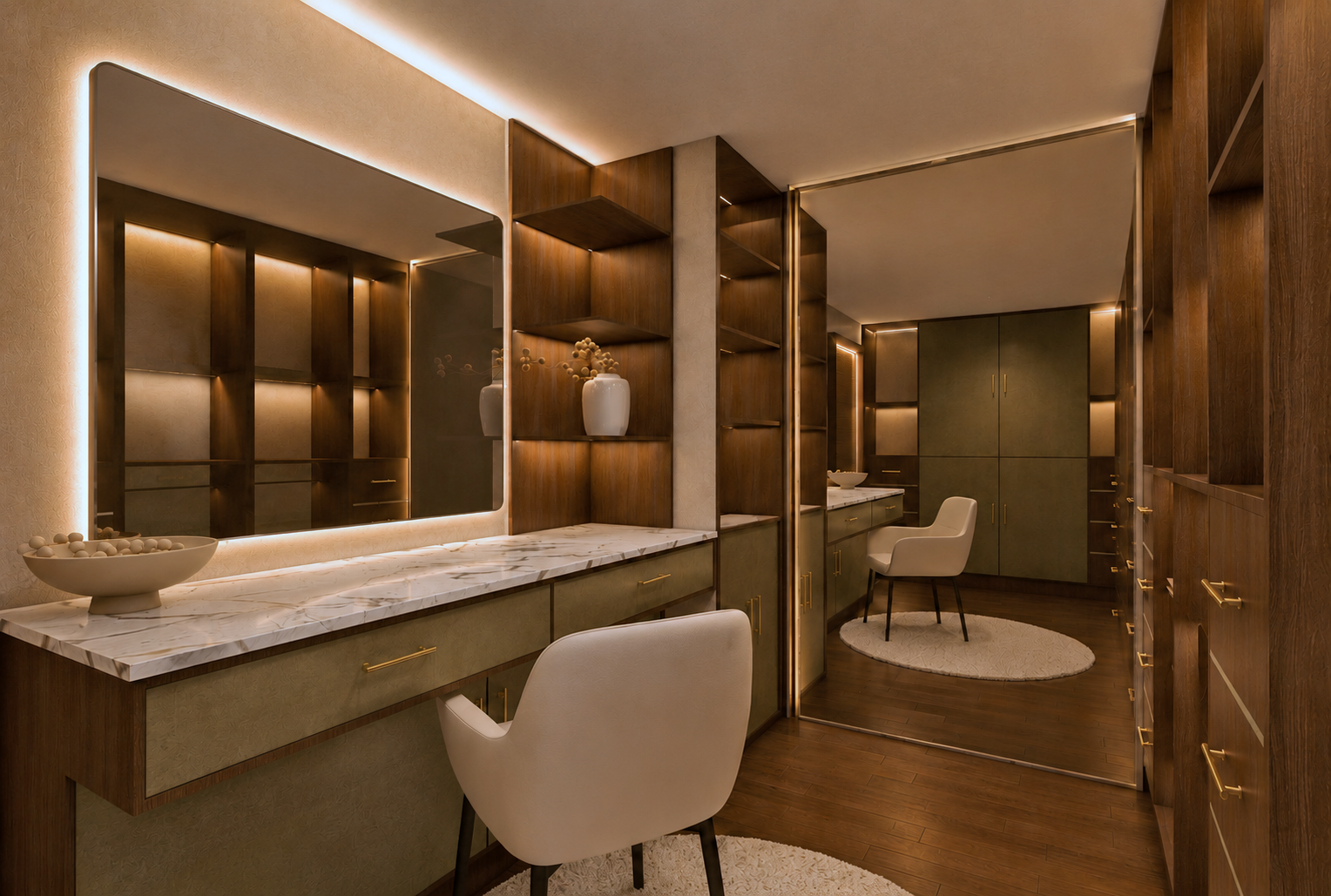 Walk-in wardrobe in walnut joinery with LED-lit hanging rails, fabric-lined display niches, brass drawer pulls and a marble-topped dressing table with an ivory chair