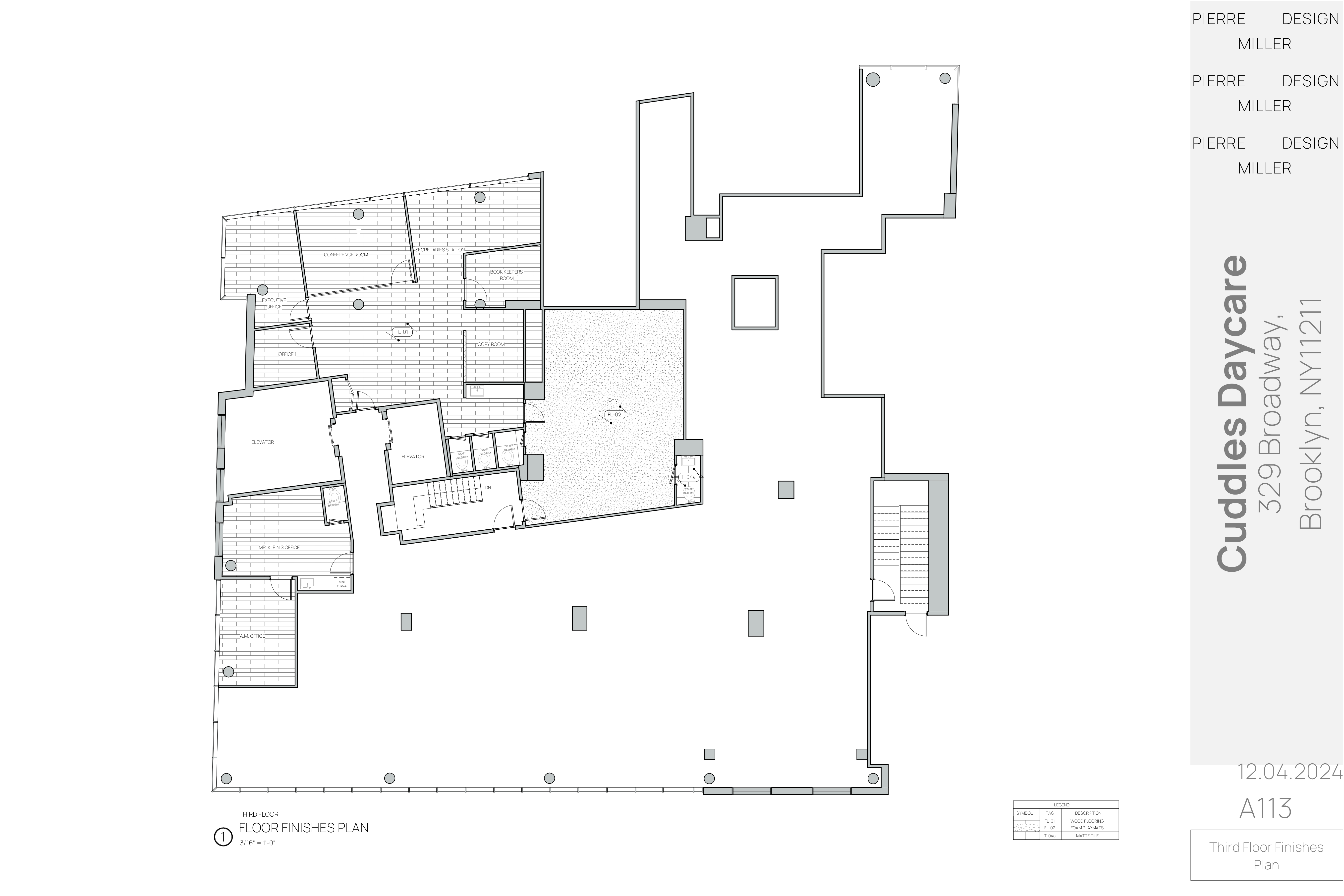 Drawing A113 — third floor finishes plan with wood flooring, rubber flooring and matte tile zones across the gym, offices and conference room