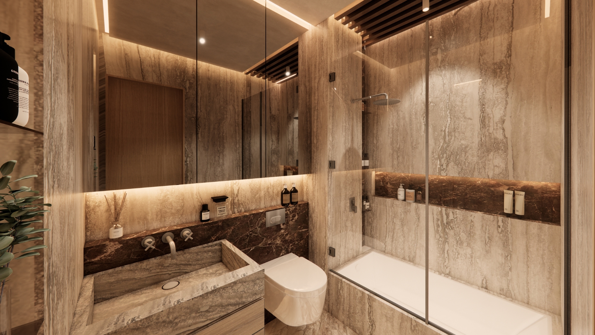 Travertine bathroom seen along the vanity, with a carved stone basin, chrome wall taps, backlit mirror cabinets, a dark marble splashback band and a glass-enclosed bath with rain shower beyond