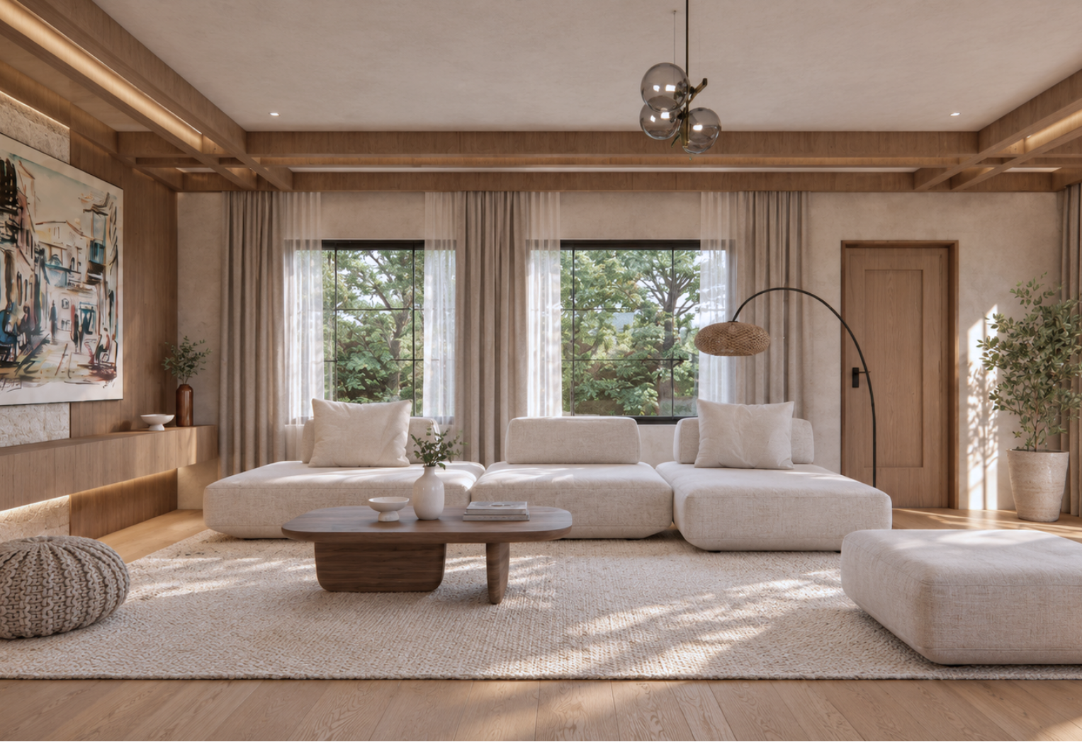 Living room with a cream modular sofa on a beige rug, a dark wood coffee table, abstract artwork on a stone feature wall, a floating wood media console with under-cabinet lighting, coffered wood-beam ceiling and a black globe pendant chandelier