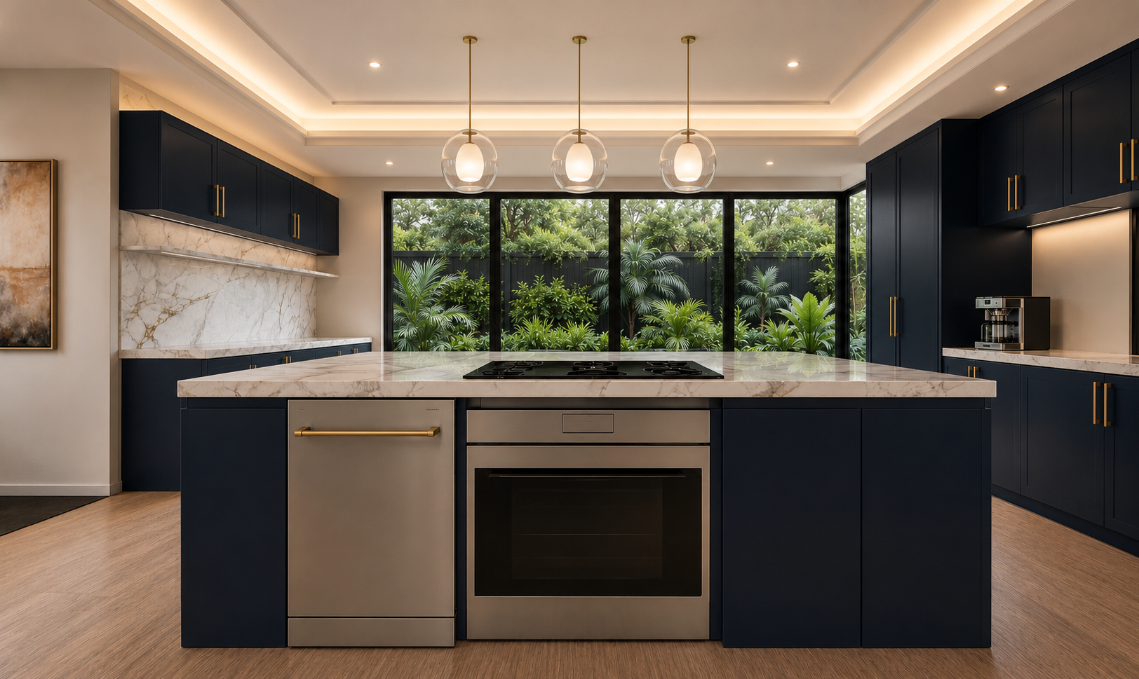 Kitchen run with a marble worktop and integrated gas hob over stainless oven and dishwasher with brass handles, framed by a black-gridded window wall onto tropical planting and three glass globe pendants