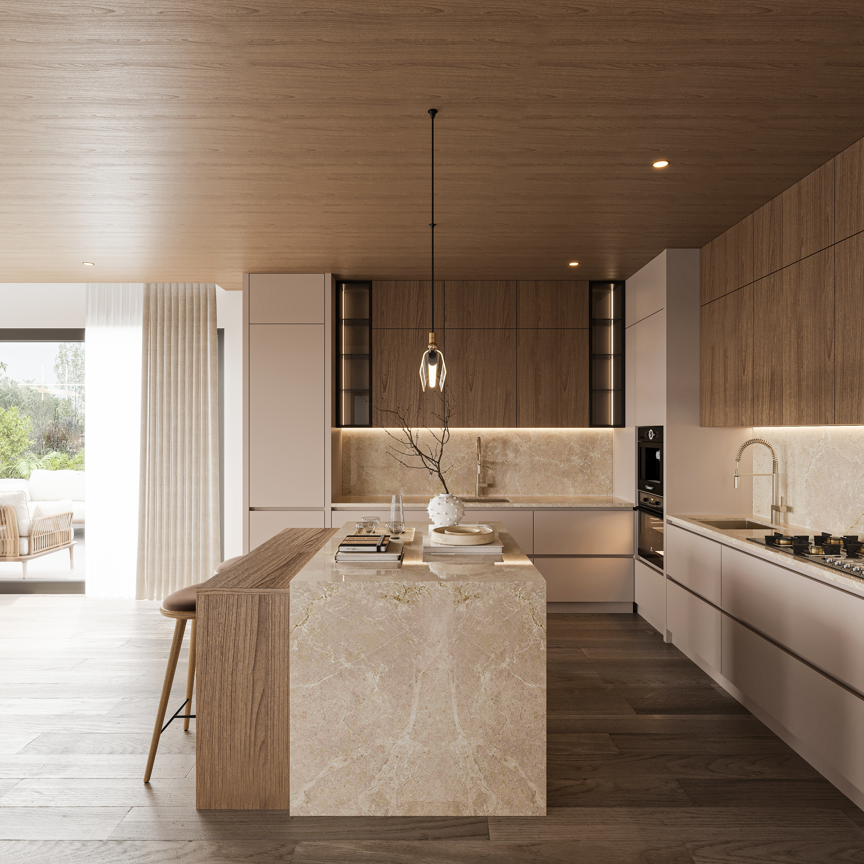 Kitchen with a book-matched stone waterfall island and oak breakfast ledge, walnut upper cabinetry with black-framed glass niches, backlit stone splashback and sheer curtains onto the terrace