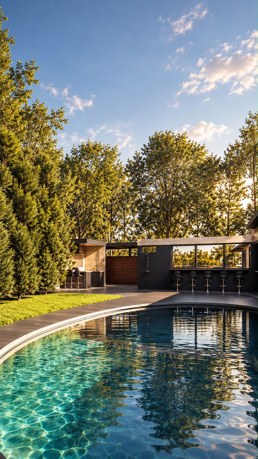 Vertical golden-hour view of the poolside pavilion — a curved swimming pool in the foreground with reflections on turquoise water, a dark paved deck, a green lawn bordered by an evergreen hedge, the black brick outdoor kitchen structure with a long horizontal window and five black bar stools, a red brick accent wall and mature deciduous trees under a soft blue sky