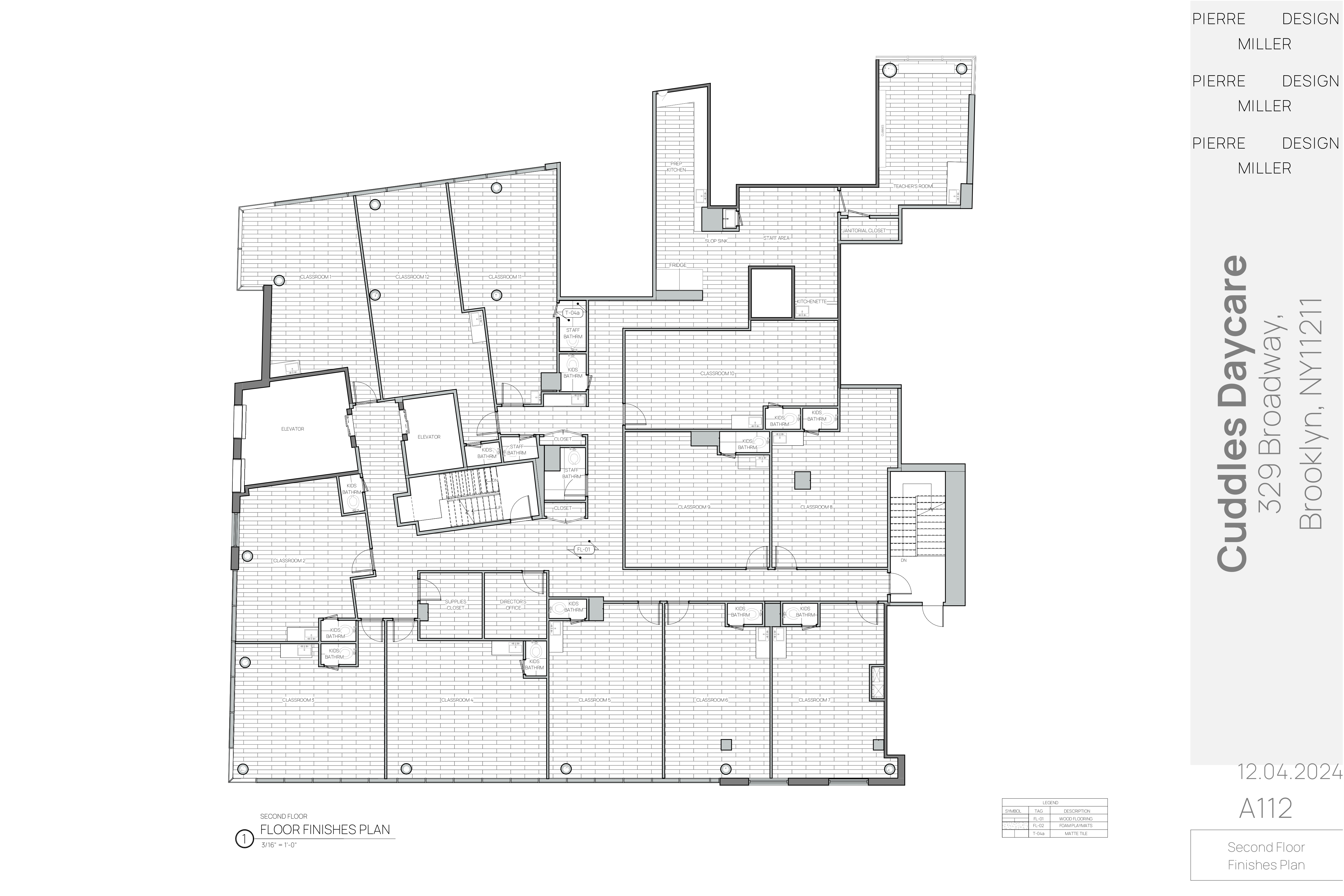 Drawing A112 — second floor finishes plan mapping wood flooring, rubber flooring and matte tile across classrooms, bathrooms, prep kitchen and teachers' room