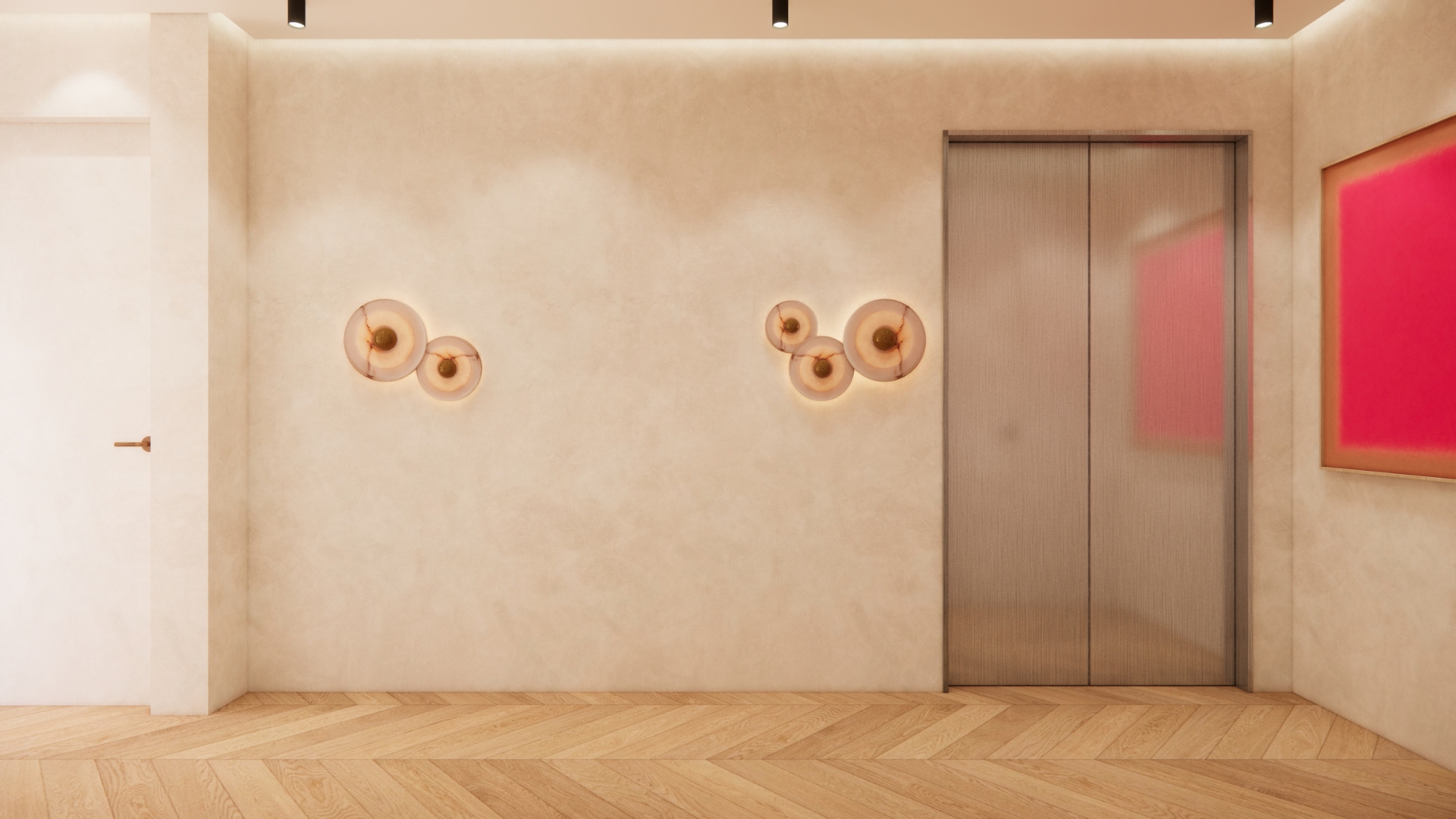 Lift lobby wall in warm plaster with clustered alabaster disc sconces, a brushed steel lift door, a framed crimson artwork alongside and chevron oak flooring
