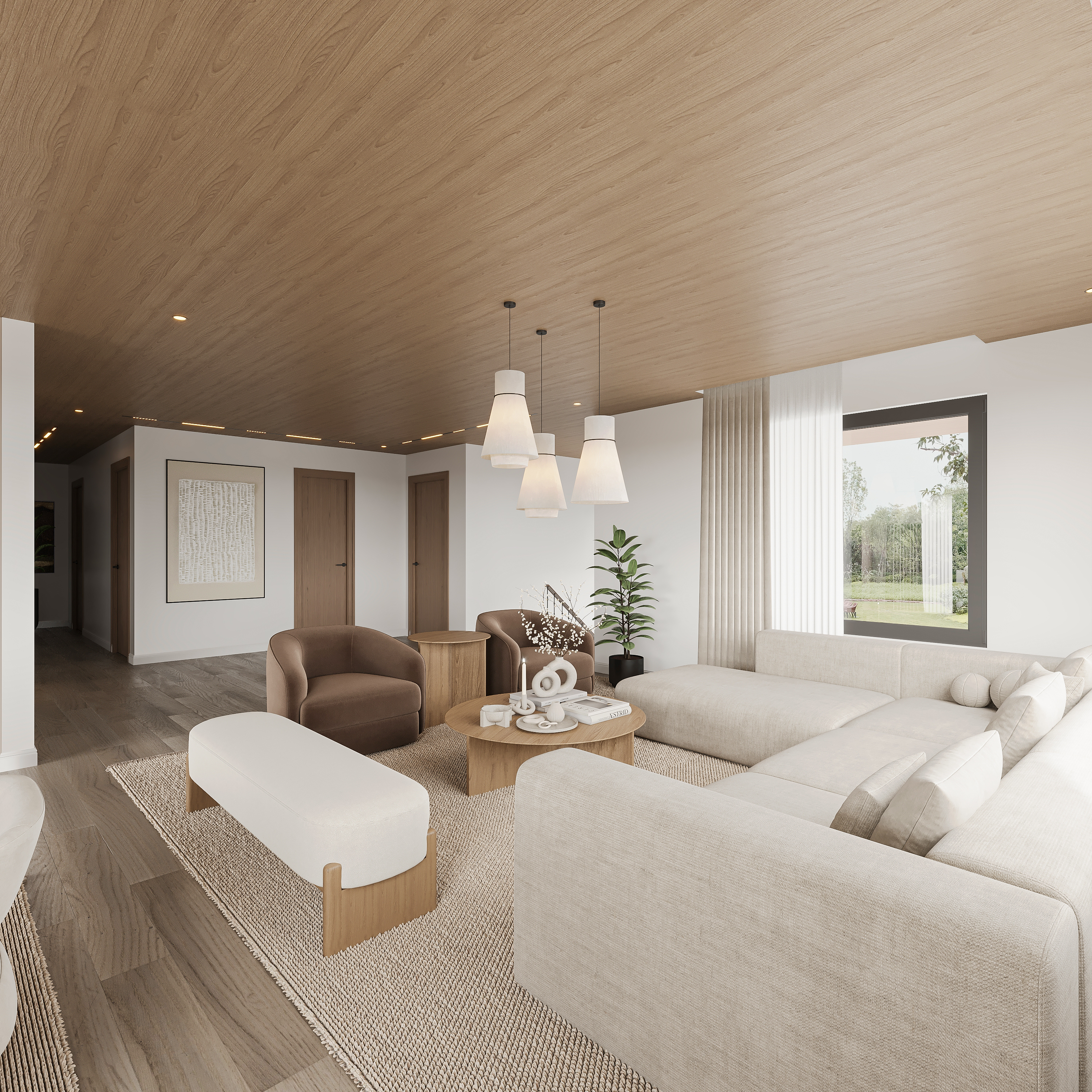 Living room corner under a warm oak ceiling with a deep linen sectional, curved ivory bench, chocolate leather swivel chairs, round oak table, framed abstract artwork and full-height glazing onto the lawn