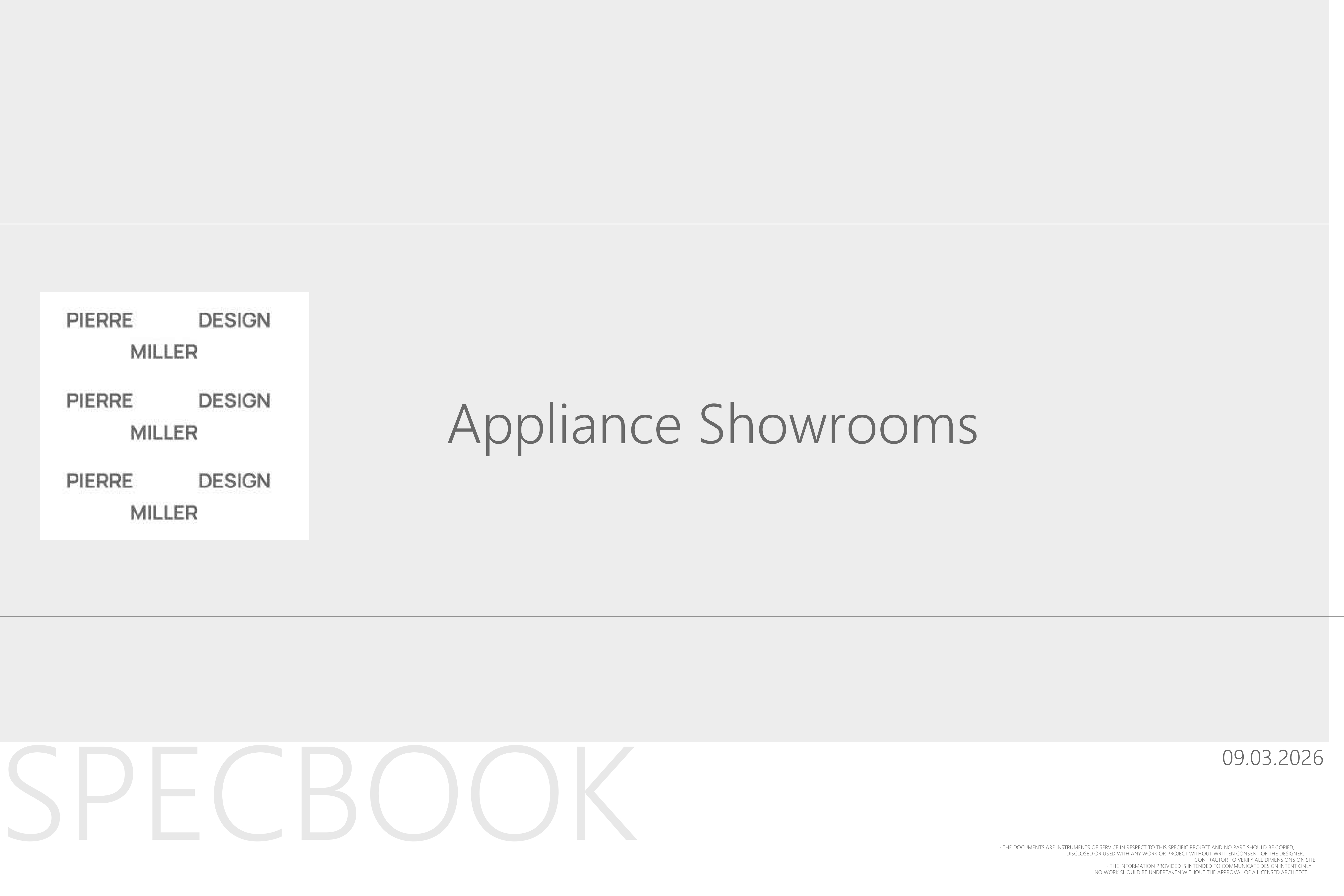 Spec book title page reading 'Appliance Showrooms' with the Pierre Miller Design wordmark, oversized SPECBOOK lettering and the date 09.03.2026