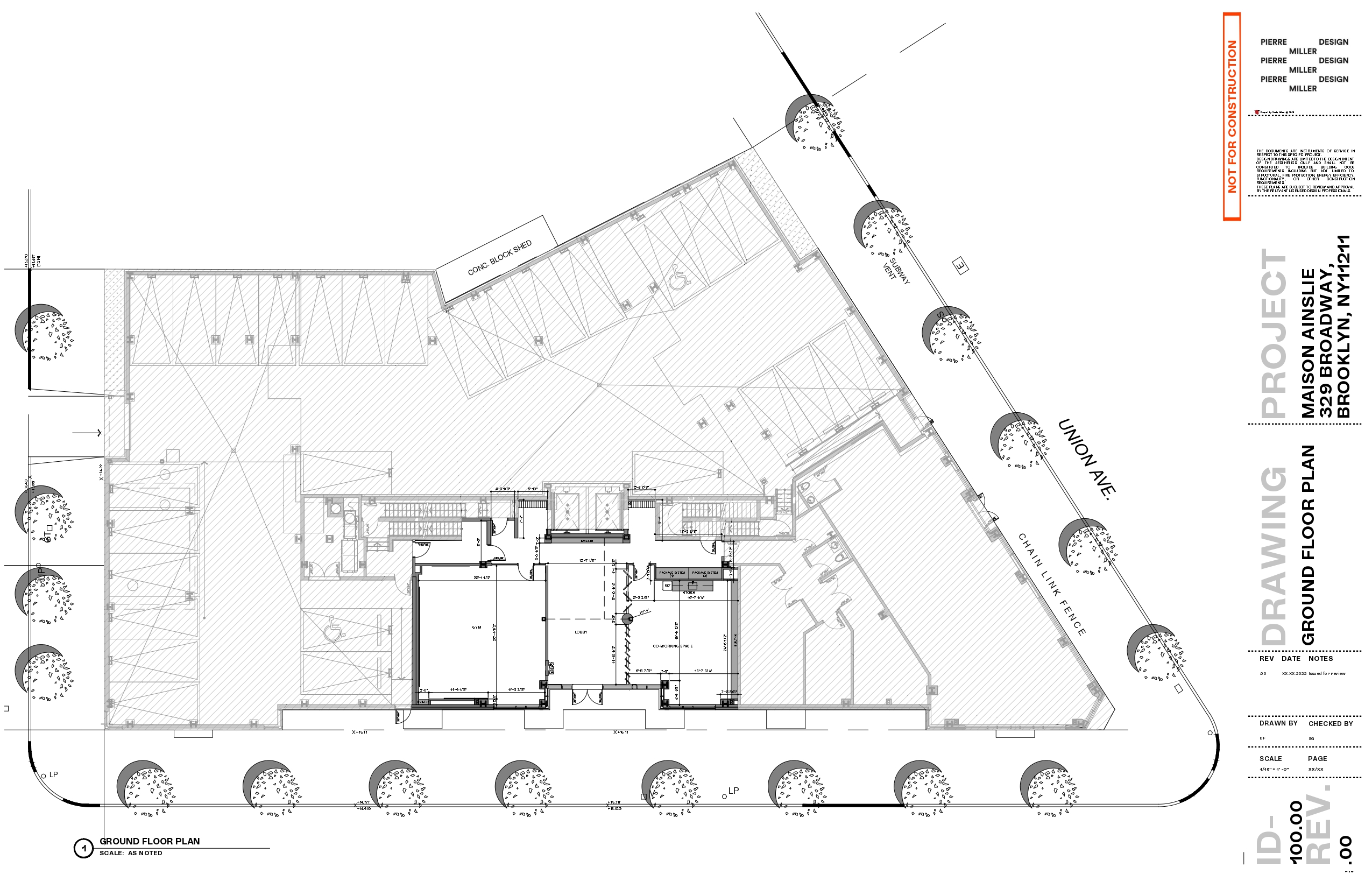 Ground floor plan drawing for Maison Ainslie, 329 Broadway Brooklyn, showing the lobby, stair and elevator cores, street trees along Union Avenue and the site boundary