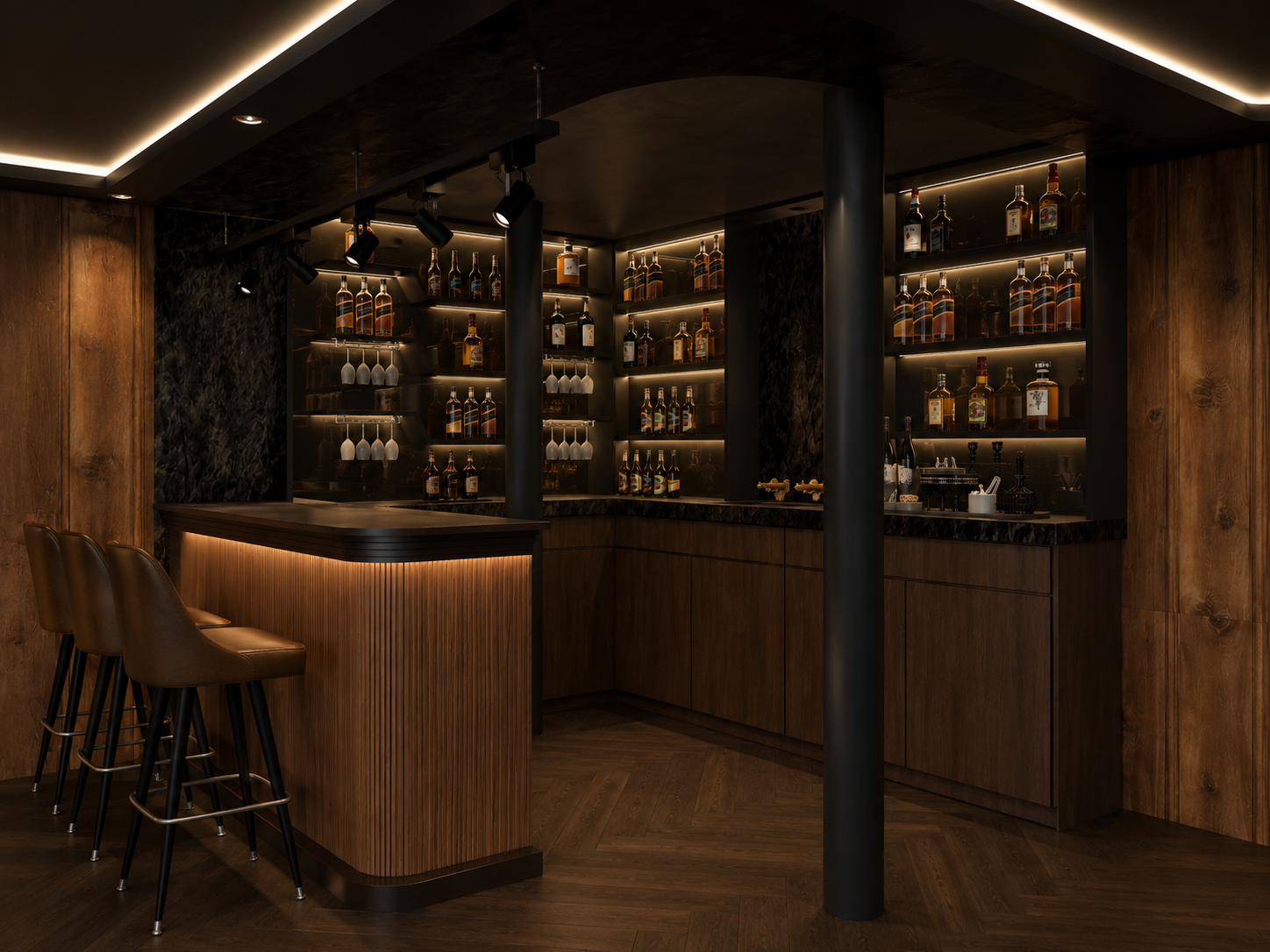 Basement bar corner with a fluted timber counter and leather stools, backlit shelving of spirits and glassware against dark marble, black steel columns, reclaimed timber walls and herringbone flooring