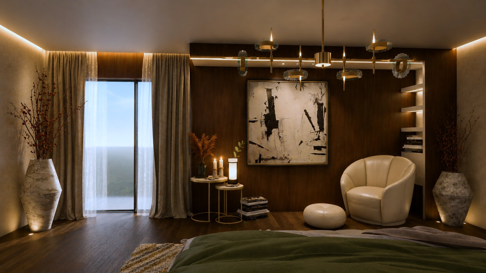 Bedroom reading corner with a curved ivory leather armchair and round pouf, a large monochrome abstract canvas on walnut panelling, backlit plaster shelving and a brass-and-glass linear chandelier