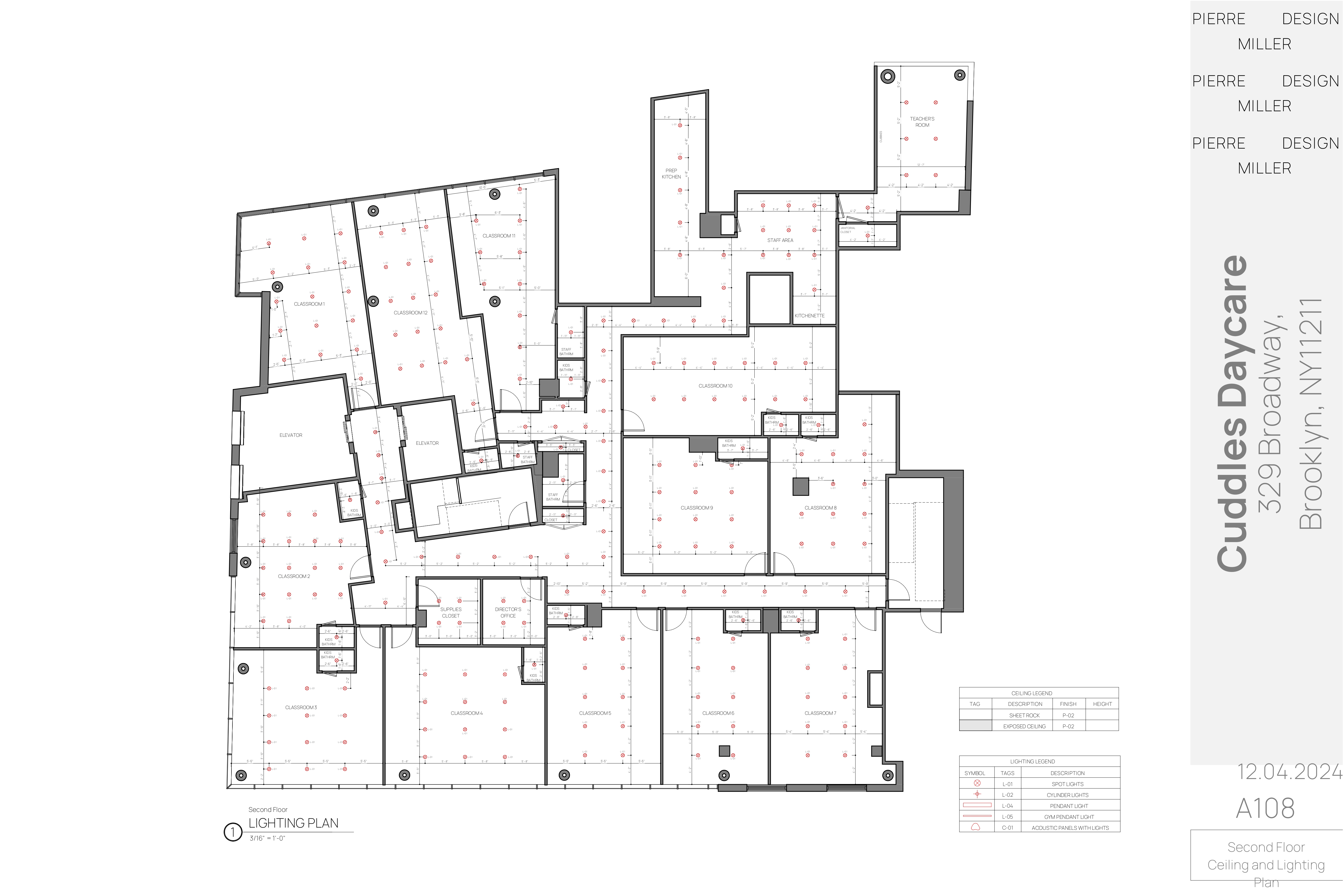 Drawing A108 — second floor ceiling and lighting plan showing spot light grids across classrooms, teachers' room and prep kitchen with ceiling finish and lighting legends
