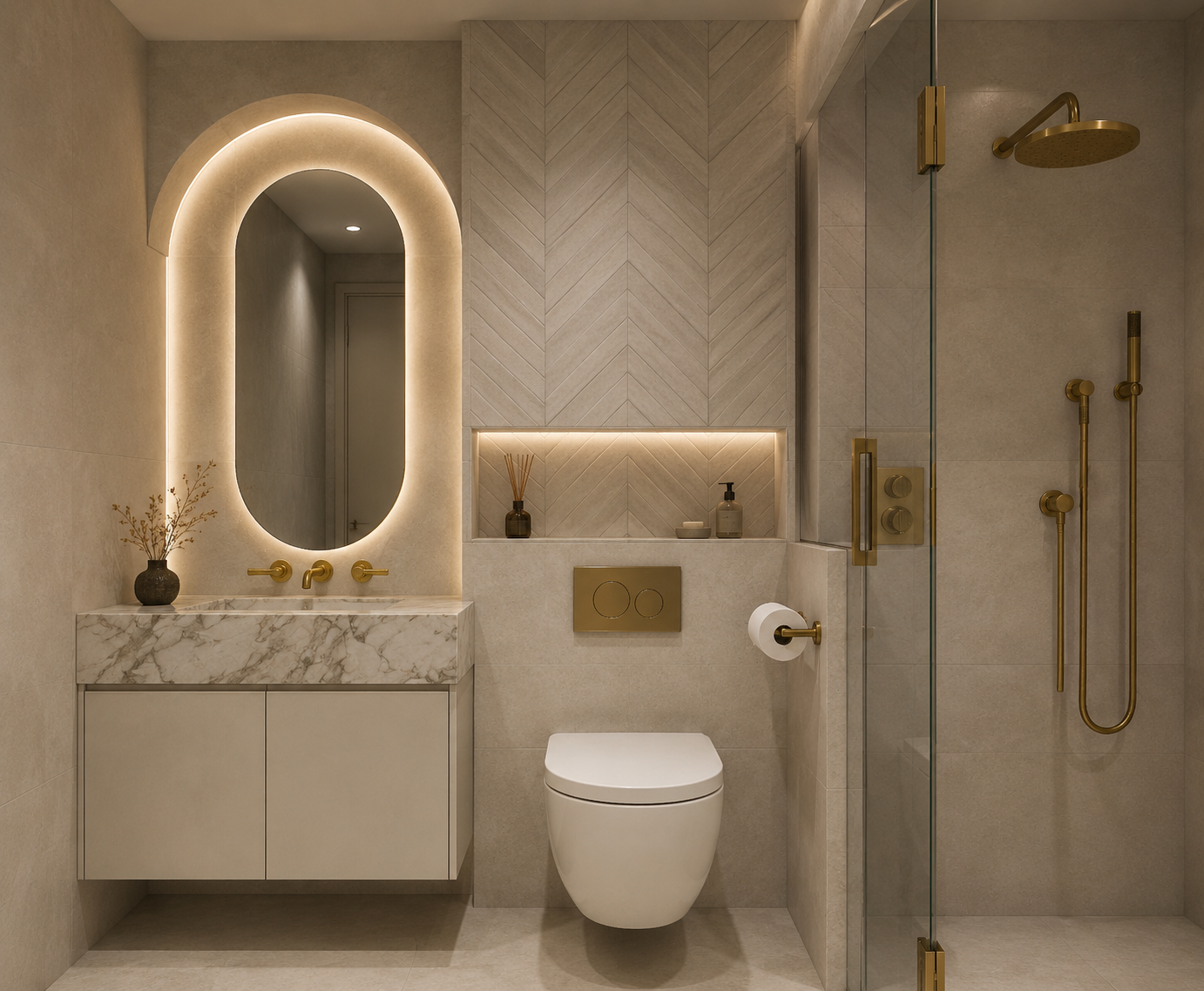 Attic shower room in warm limestone with an arched backlit mirror, marble vanity top on a cream floating cabinet, brass wall taps, chevron-tiled niche, wall-hung WC and a glass shower with brass rainhead