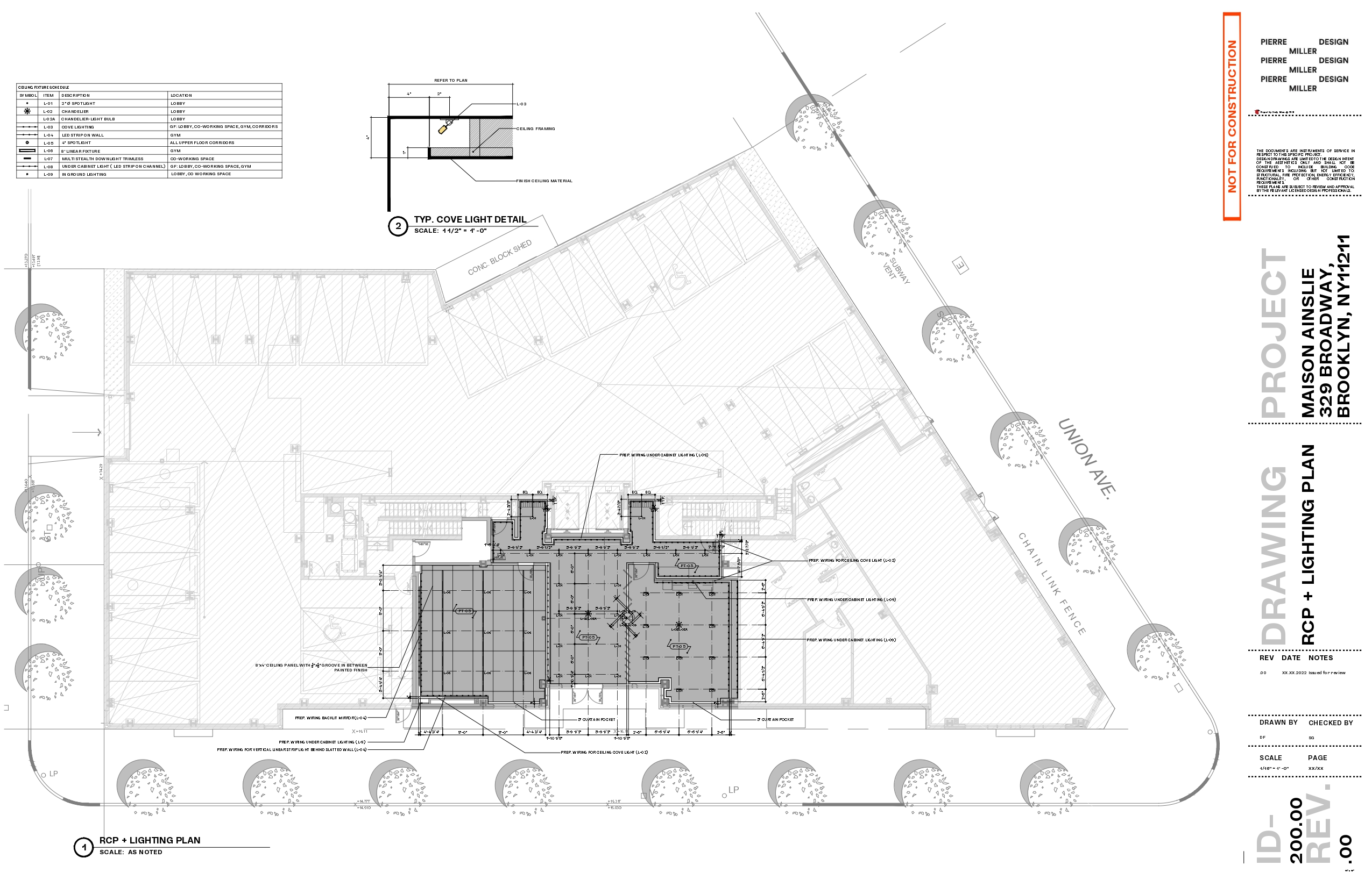 Ground floor reflected ceiling and lighting plan for Maison Ainslie with a ceiling fixture schedule, a typical cove light detail and tagged fittings across the lobby and co-working space
