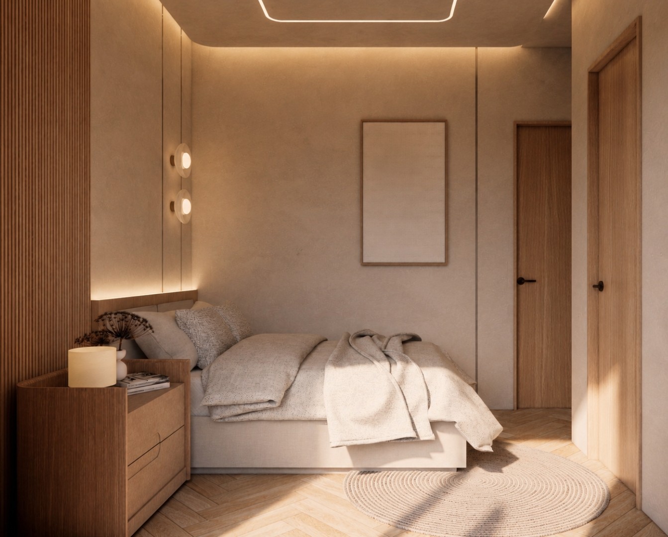 Bedroom with a reeded timber wall and cove-lit ceiling, an oak drawer chest with a candle and dried stems, disc wall lights, layered ivory bedding and a round woven rug on herringbone oak