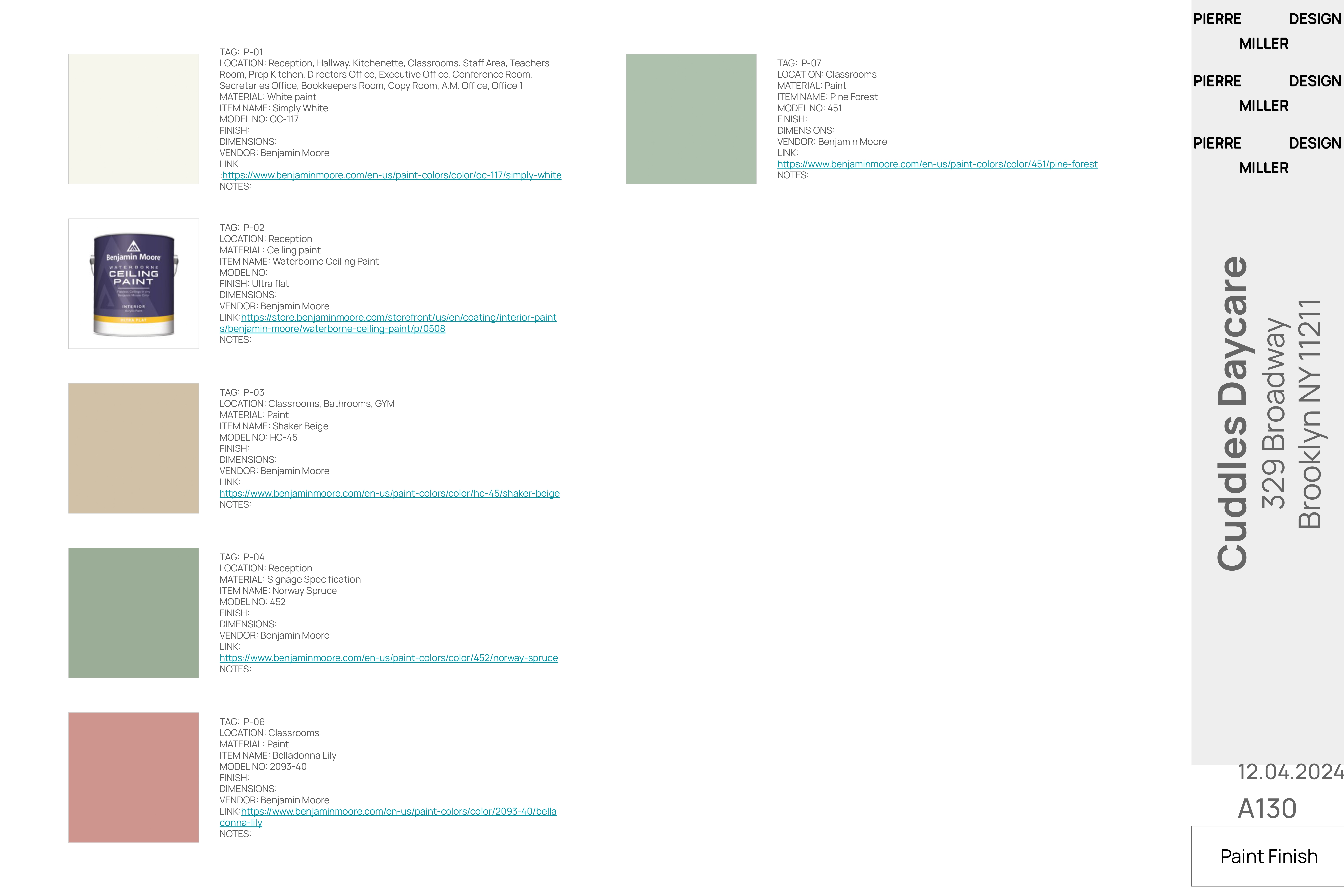 Drawing A130 — paint finish schedule with Benjamin Moore swatches for Simply White, ultra flat ceiling paint, Shaker Beige, Norway Spruce, Belladonna Lily and Pine Forest
