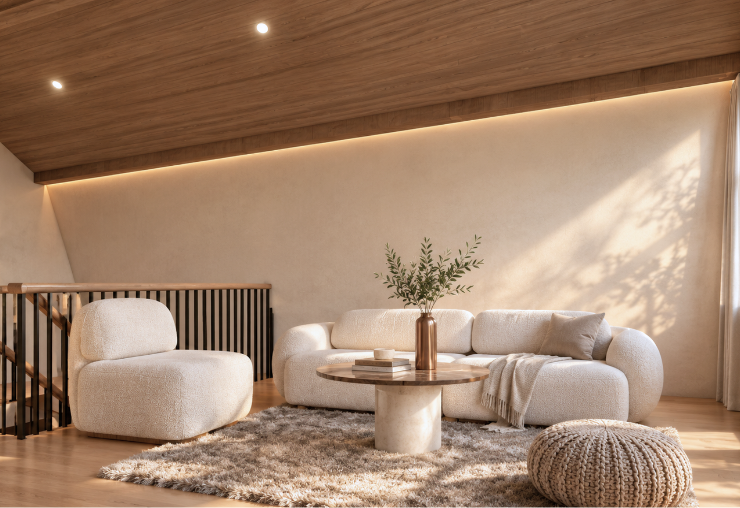 Loft seating area with a cream bouclé sofa and armchair, a round stone-based coffee table with a copper vase and books on a shaggy rug, a vaulted wood-paneled ceiling with perimeter LED lighting and a black-railed staircase beside it