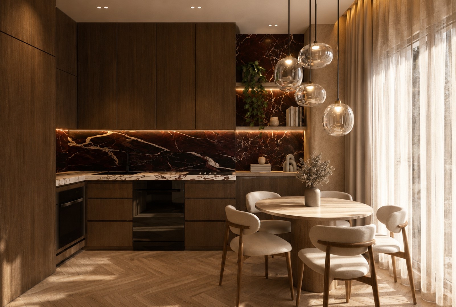 Kitchen in dark oak joinery with a backlit oxblood marble splashback and open shelving, integrated black appliances, a round oak dining table with ivory bouclé chairs and clustered glass globe pendants at sheer curtains