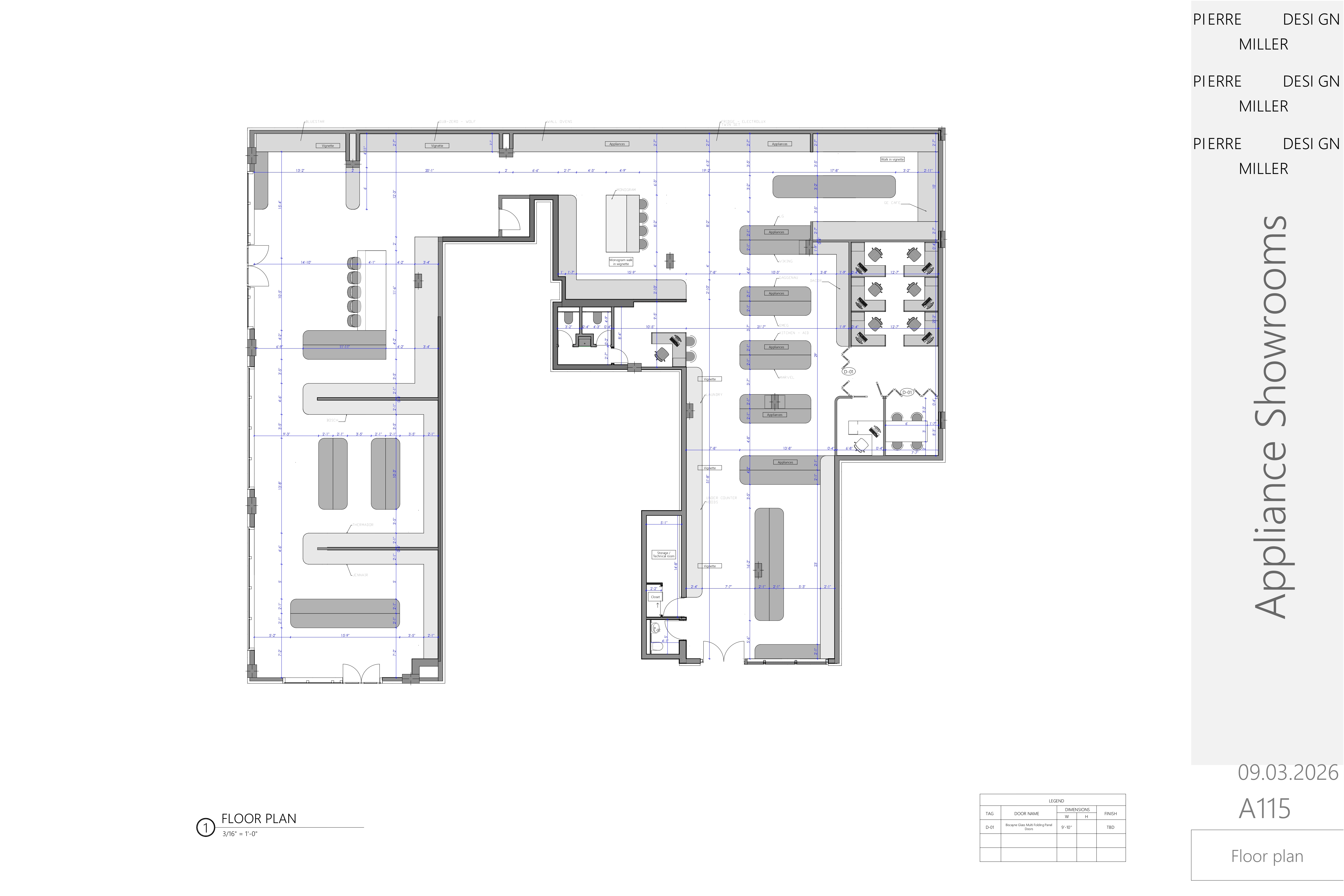 Overall floor plan of the showroom, showing display islands, brand bays, reception, meeting room, bathrooms and the back-of-house office block with a door schedule