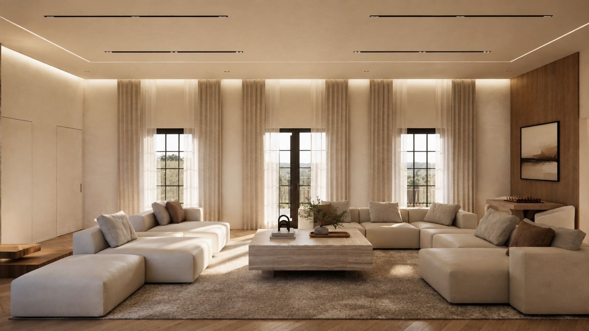 Living room with three tall curtained windows in sheer linen, paired ivory modular sofas, a solid travertine coffee table and a deep-pile rug beneath cove-lit ceiling detailing
