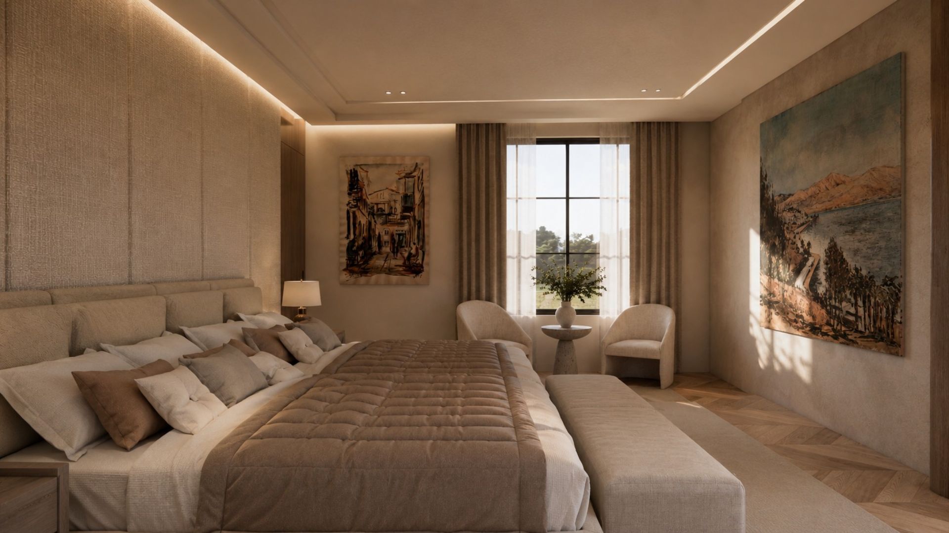 Bedroom in warm evening light with the upholstered linen panel wall, framed streetscape and lakeside paintings, boucle armchairs around a stone side table at a curtained black-framed window