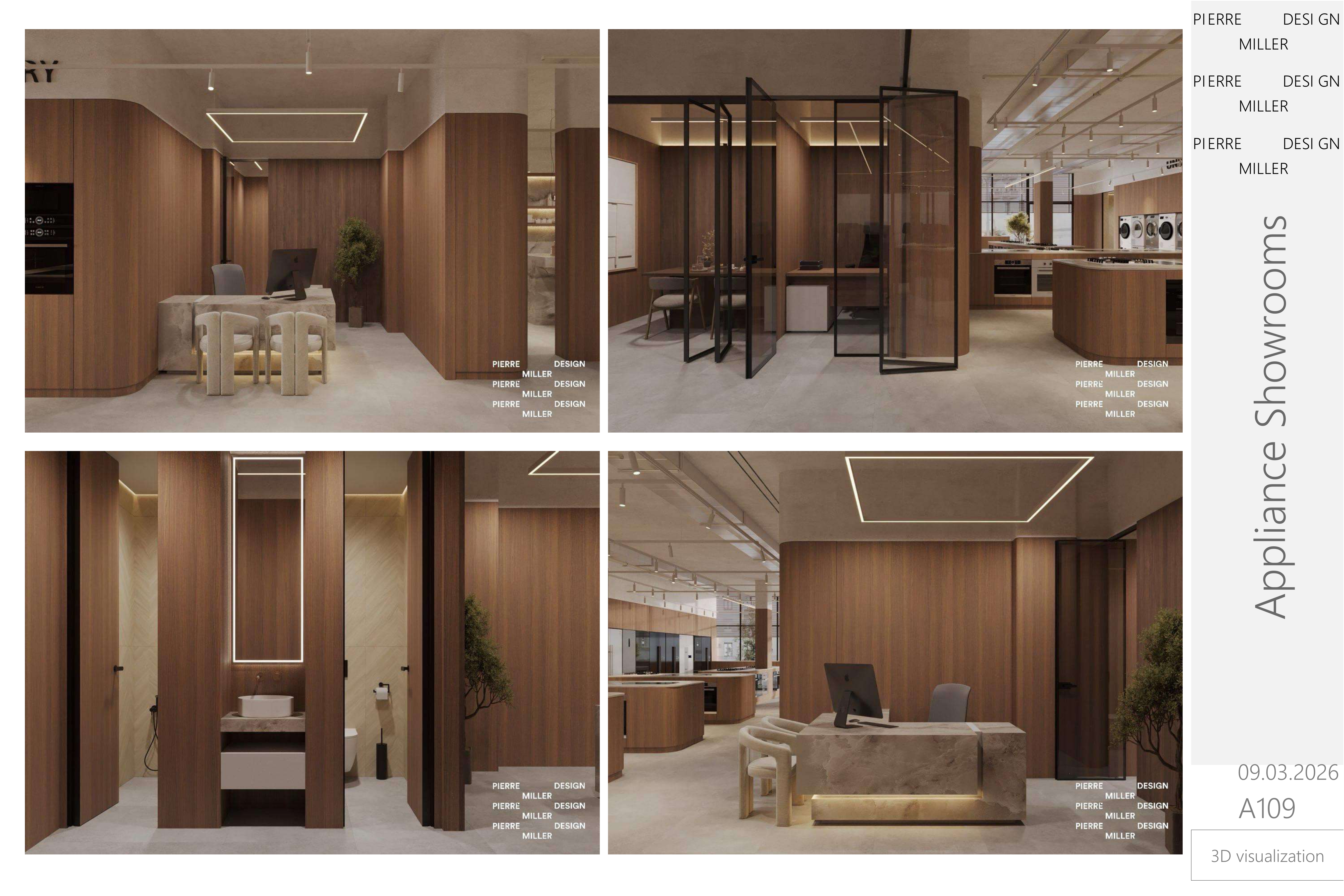 Reception and consultation area with a stone-clad desk, curved boucle seating, a glazed meeting room in black steel frames and a washroom with a backlit mirror