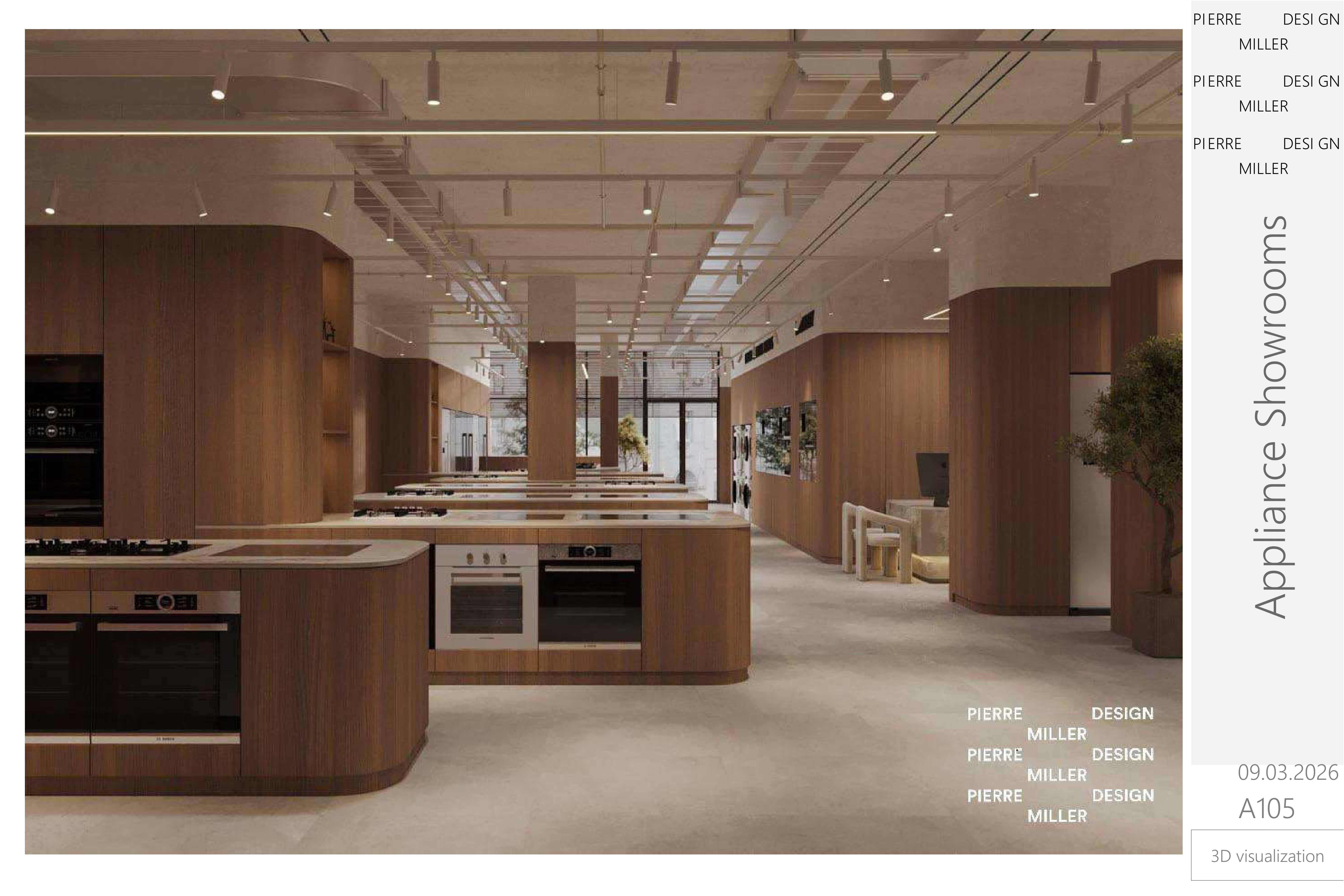 Long view down the showroom floor with rows of curved walnut cooking islands, integrated ovens and hobs, oak-clad columns, exposed services and track lighting overhead