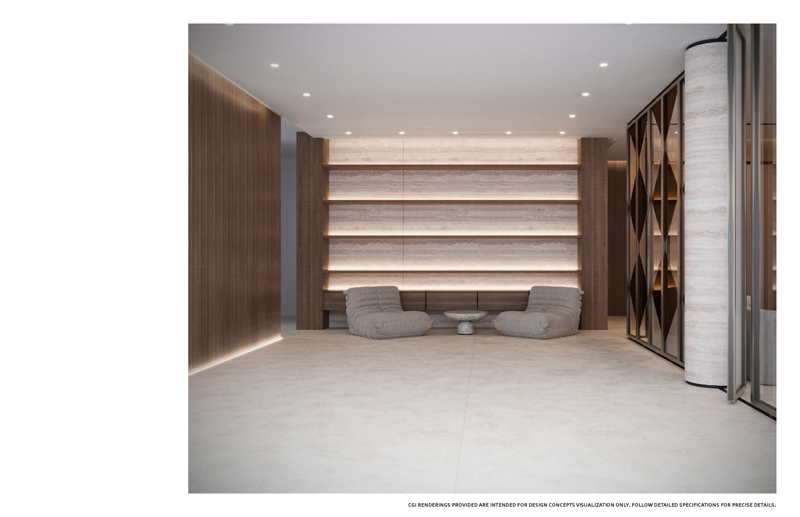 The lobby lounge shelving wall seen alongside a full-height ribbed walnut panel, with grey bean chairs, a stone side table and the bronze mirrored screen and travertine column to the right