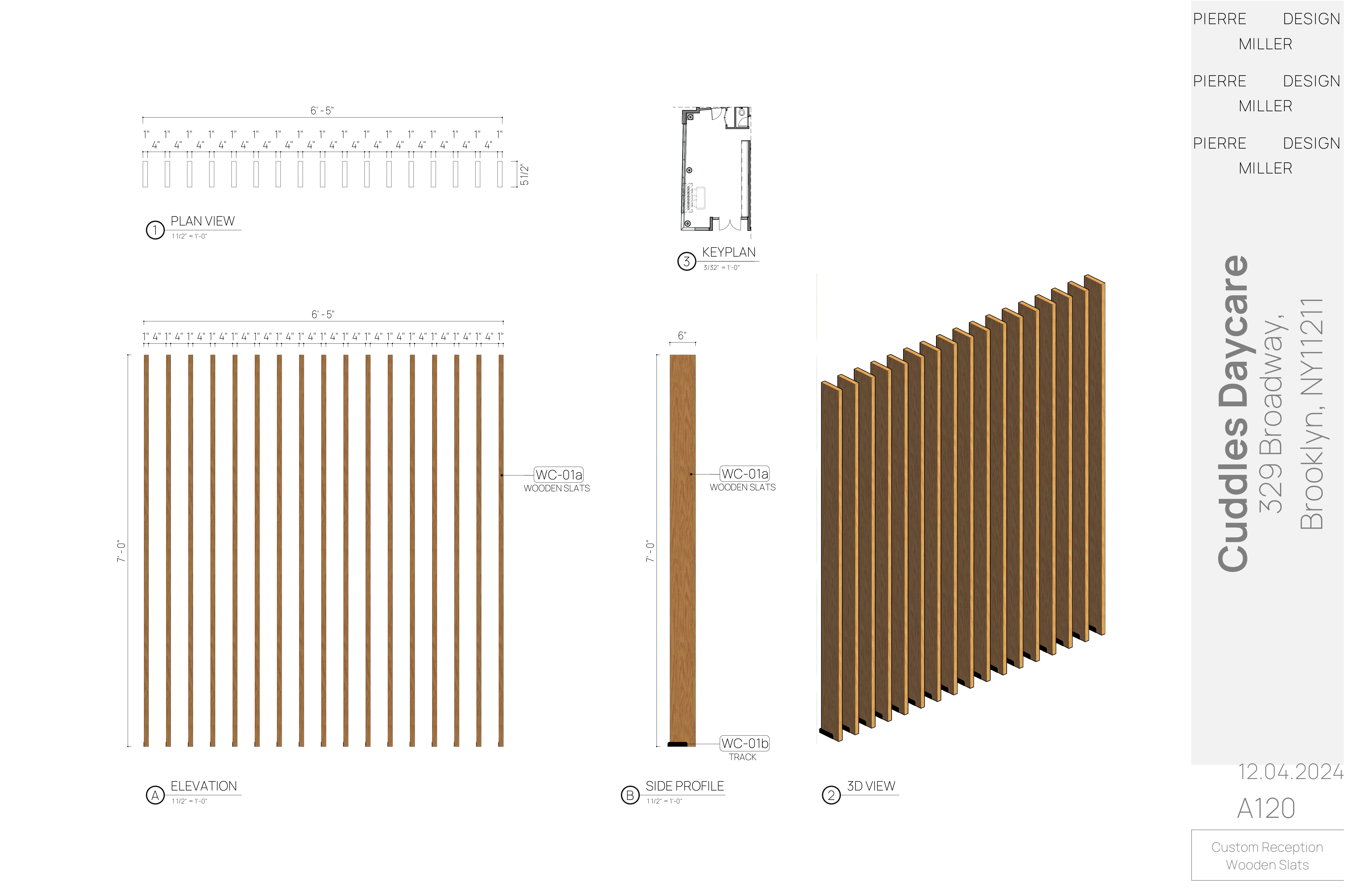 Drawing A120 — custom reception wooden slat screen with plan view, keyplan, dimensioned elevation, side profile and 3D view of evenly spaced oak slats on a track