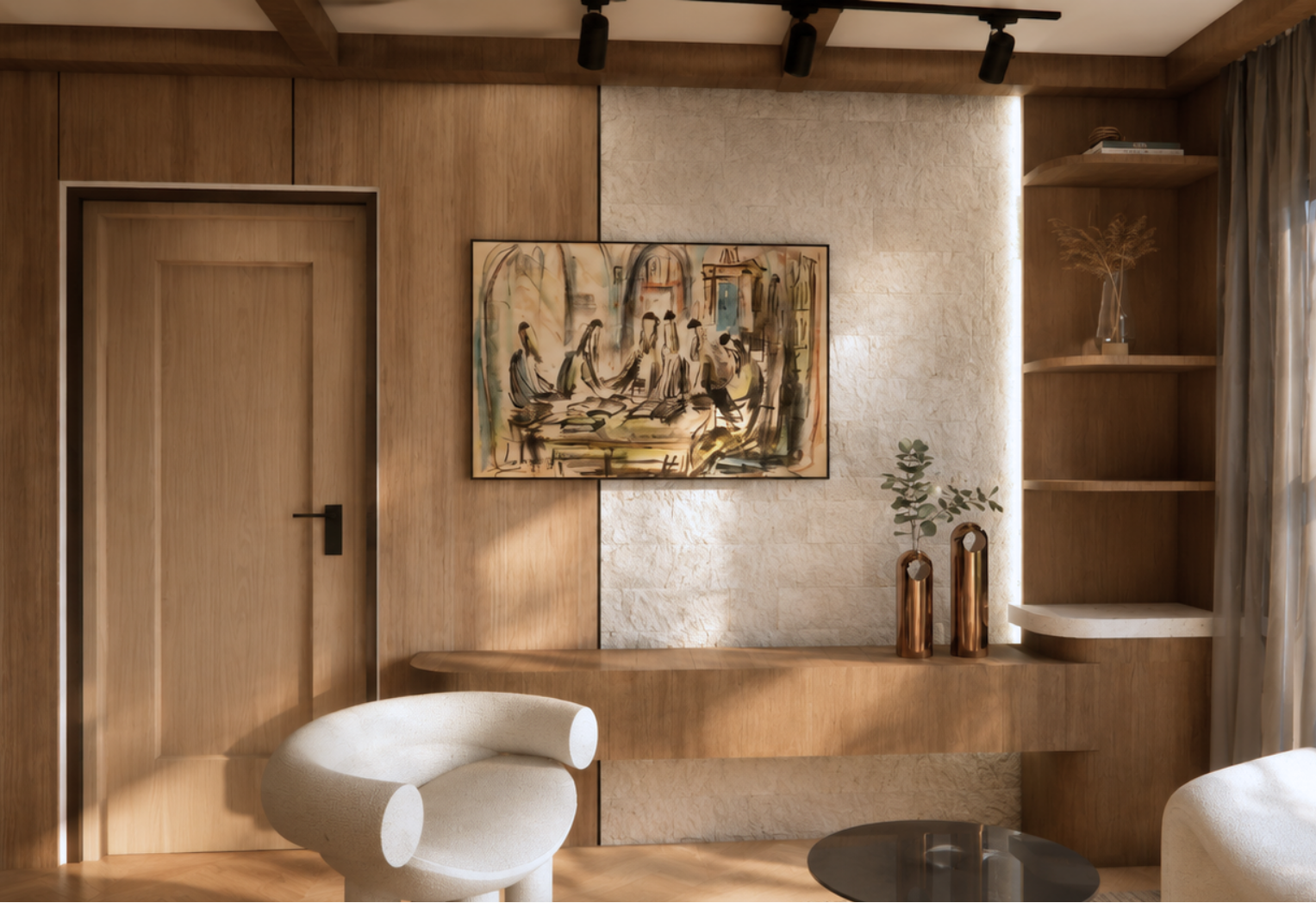 Living room with a textured stone accent wall and centered modern art, a light wood door, a floating wooden ledge with metallic vases, a built-in shelving unit by a curtained window, a cream bouclé armchair and track lighting on a wood-paneled ceiling