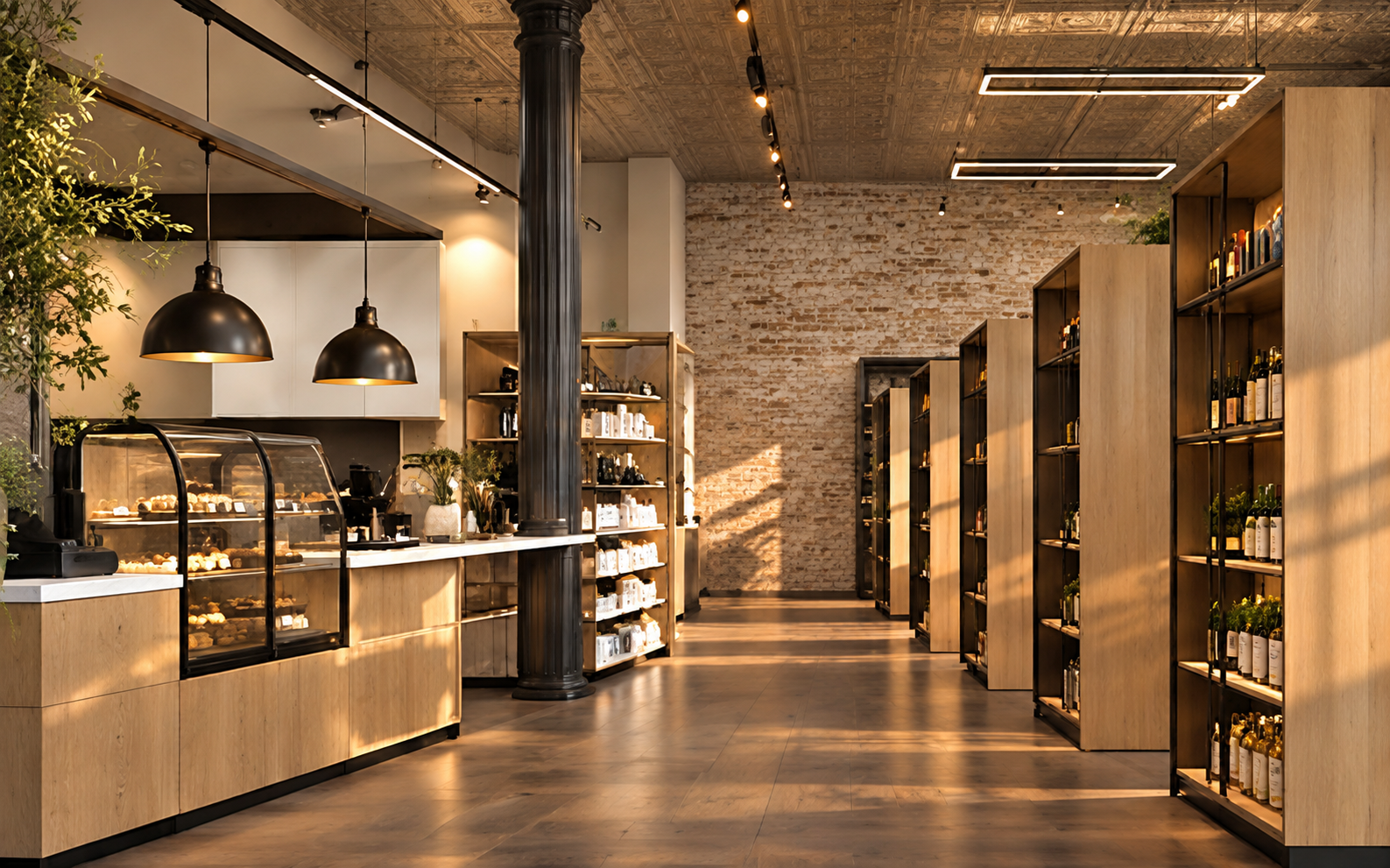 Pharmacy interior with a curved glass display case on a light-wood counter under black dome pendants, a dark fluted architectural column, a long wooden service counter and freestanding light-wood shelving units with warm LED lighting against an exposed brick back wall