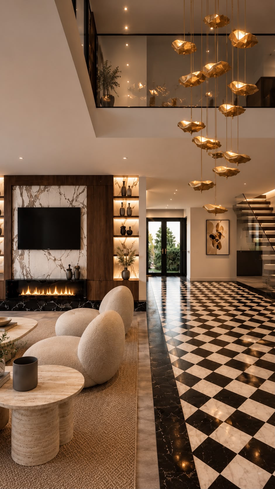 Living room with a marble fireplace wall and wall-mounted screen framed by backlit walnut shelving, rounded bouclé armchairs and travertine coffee tables on a woven rug, a cascading gilded-leaf chandelier and a black-and-white chequerboard marble floor beside a glass-doored garden view and an illuminated floating stair