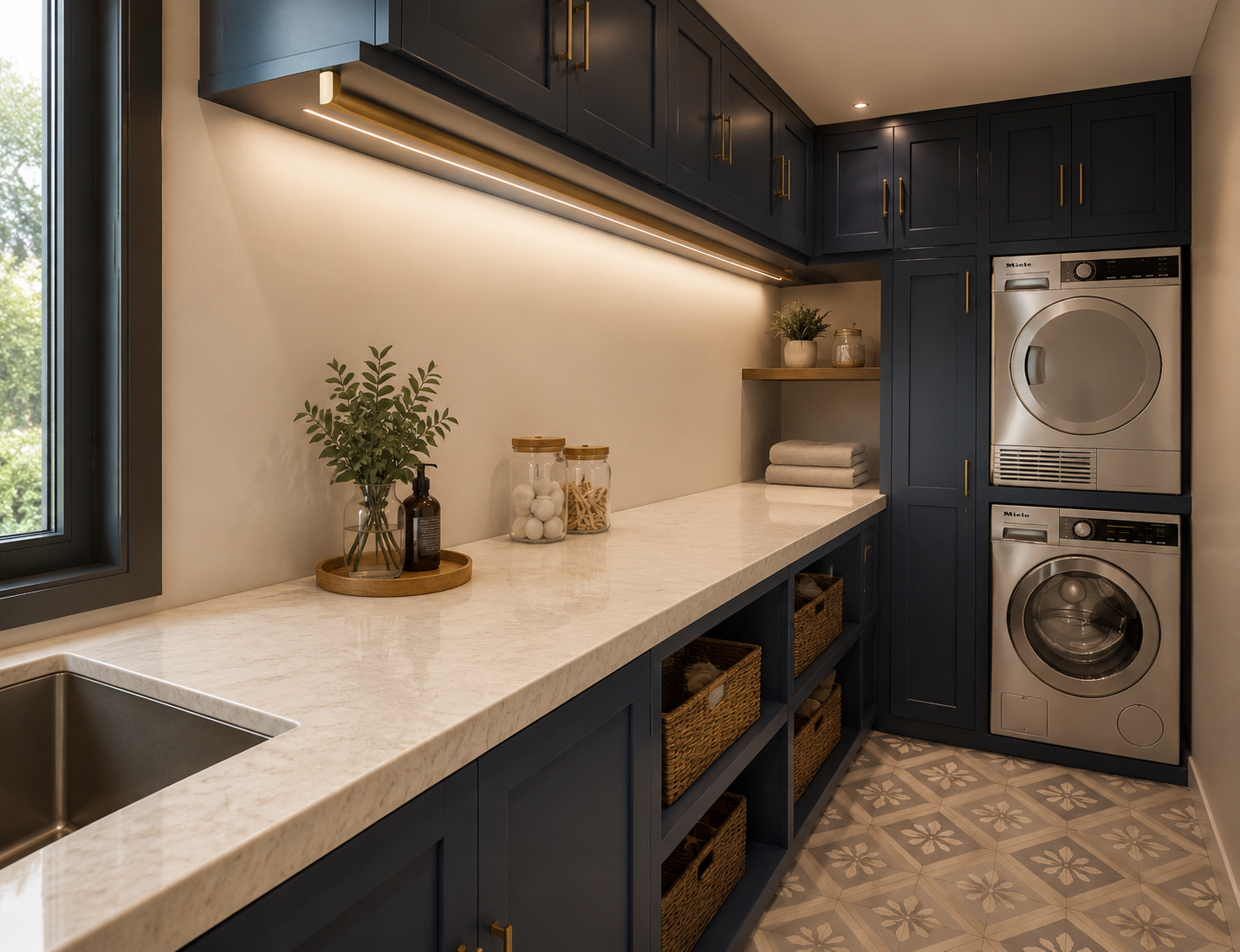 Utility room in navy shaker joinery with brass handles, a pale quartz worktop with an undermount sink, LED strip under the wall cabinets, open wicker-basket shelving, stacked washer and dryer and patterned floral floor tiles