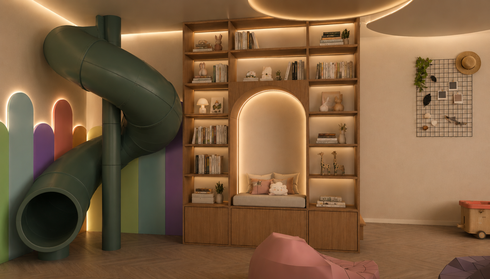 Playroom with a forest-green spiral tube slide against a rainbow arched padded wall, LED-lit oak bookshelves with toys and books, and herringbone timber flooring
