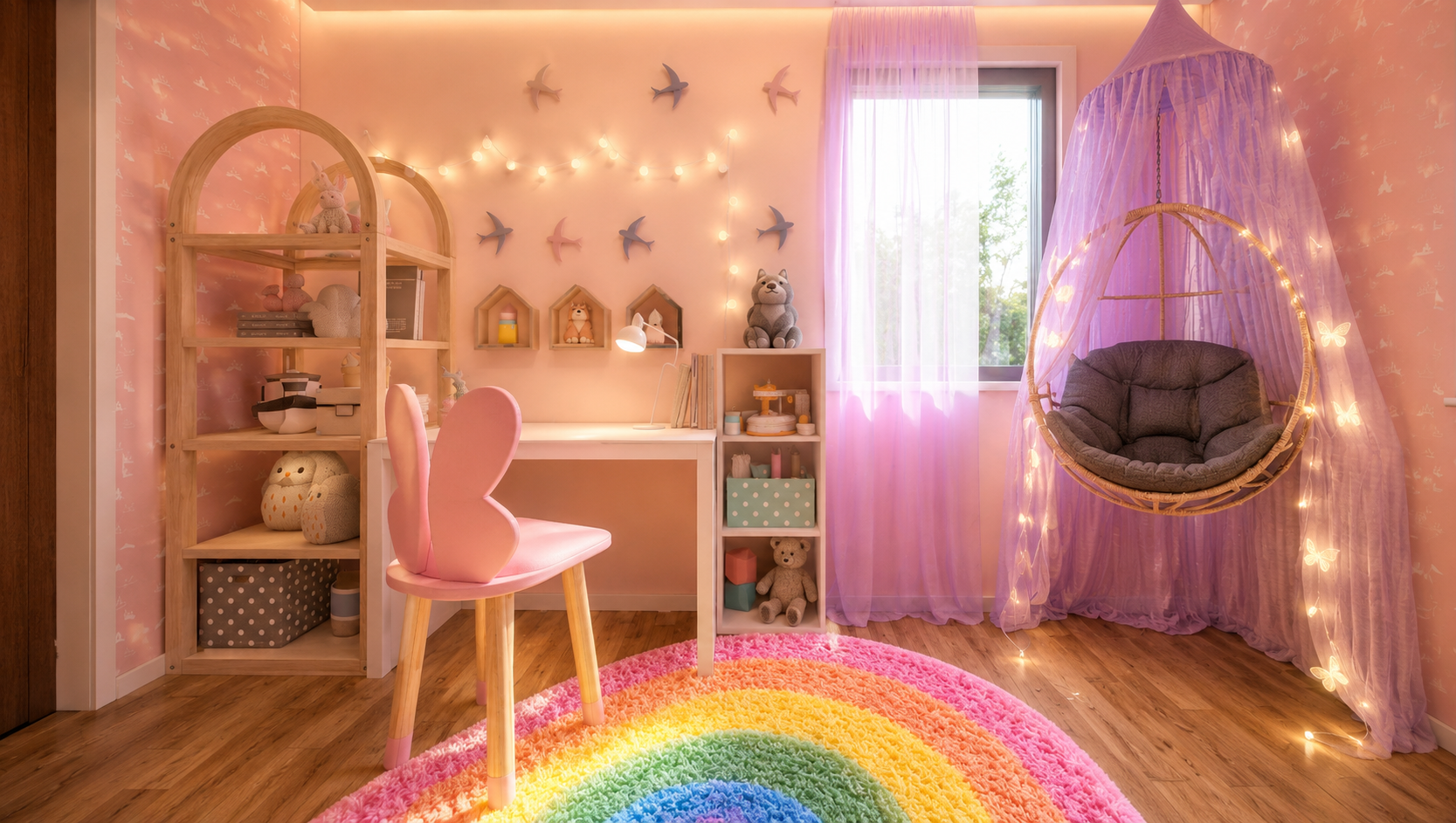 Girl's bedroom desk nook with arched timber shelving, house-shaped wall boxes, string lights and bird cut-outs, a white desk with butterfly chair and the lilac canopied hanging chair beside a curtained window