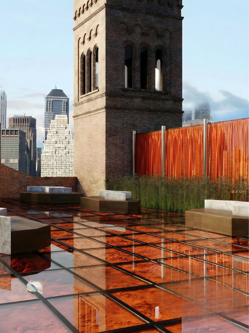 The brick bell tower rising above the reflective amber resin terrace, with marble-topped timber benches, planted reeds and a copper curtain screen framing the skyline