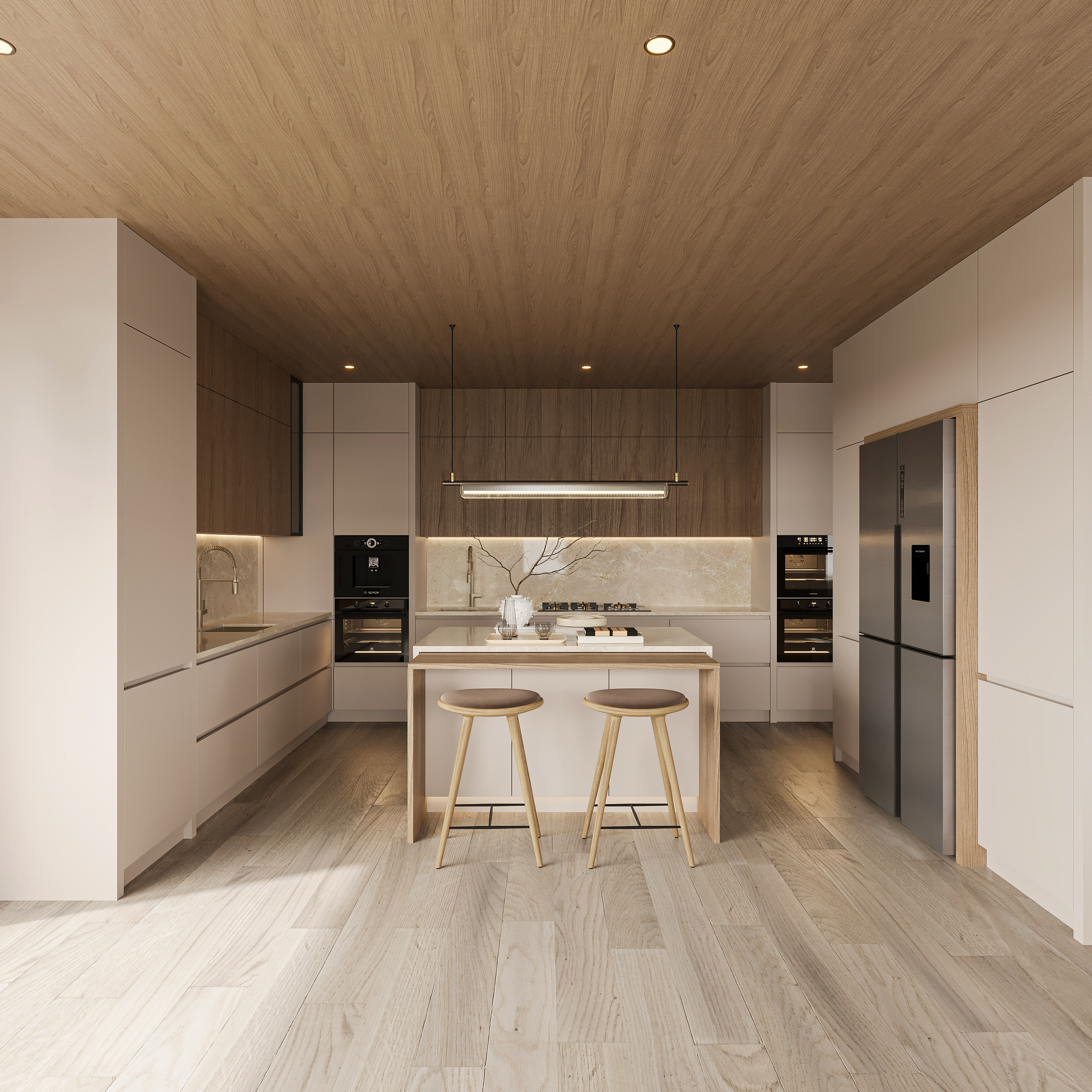 Kitchen under a warm walnut-lined ceiling with handleless pale cabinetry, a slim linear pendant over an oak-edged island with two leather-topped stools, stone backsplash and pale plank flooring