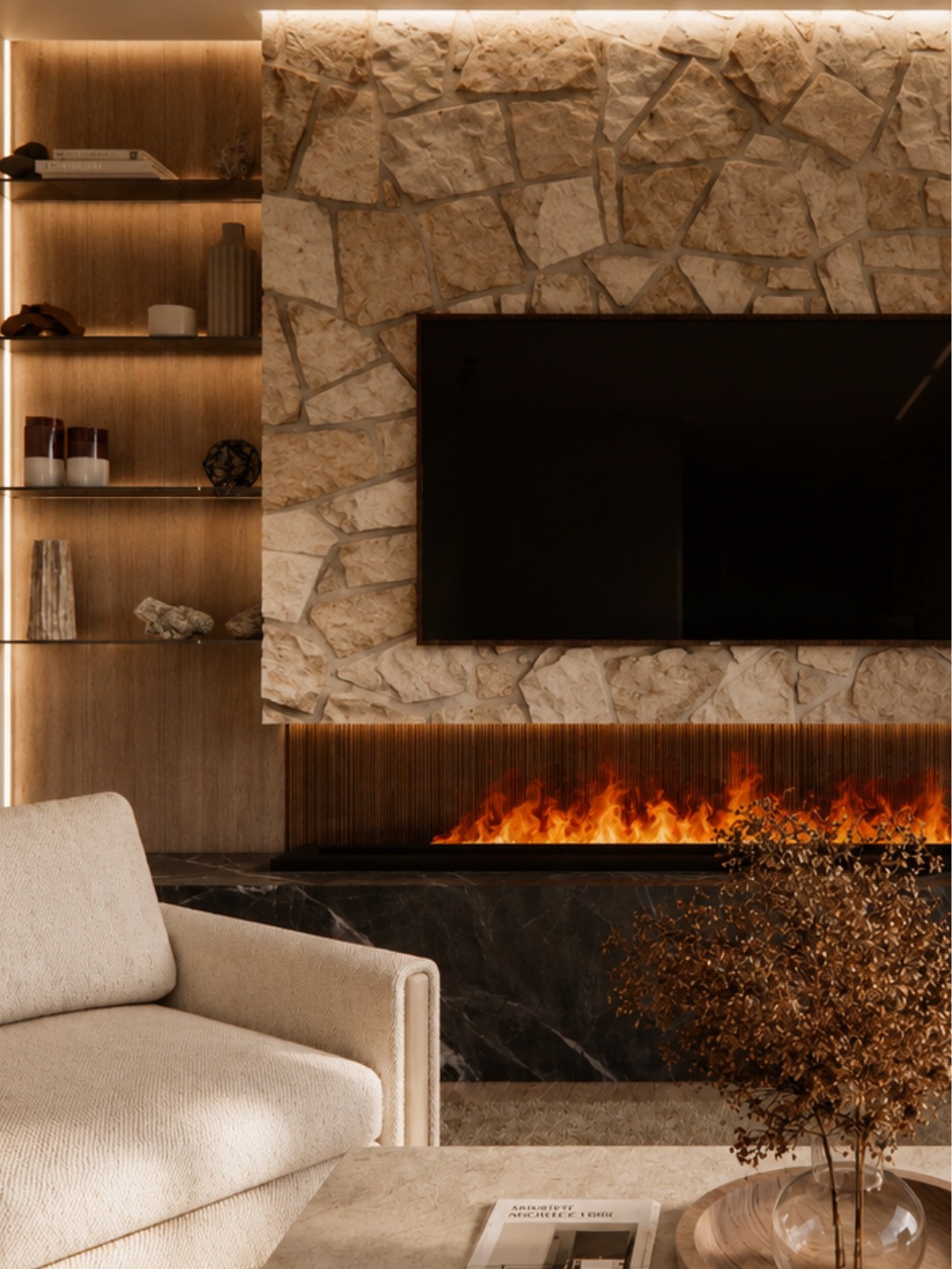 Living room feature wall with a wall-mounted screen on a warm flagstone fireplace surround, a wide linear fire on a black marble hearth, LED-lit oak display shelving, an ivory bouclé armchair and a dried branch in a glass vase on a coffee table