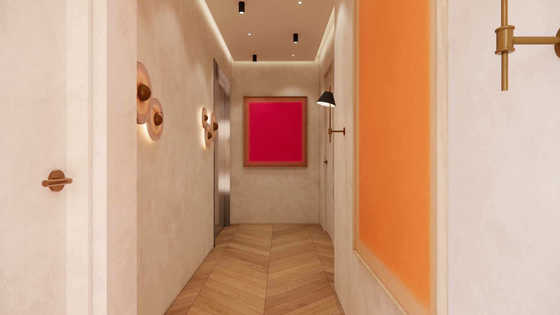 Residential corridor in warm plaster with chevron oak flooring, brushed alabaster disc sconces, brass wall lights and framed crimson and orange colour-field artworks flanking a stainless lift door