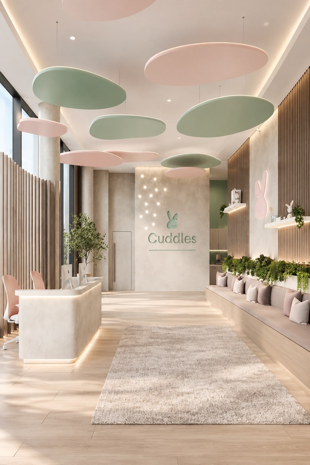 Daycare reception with a curved off-white desk on oak flooring, a backlit Cuddles bunny logo on a textured beige wall, pastel pink and sage acoustic ceiling clouds, a long rose-cushioned bench with planted shelving, rabbit figurines and a neon pink bunny outline, and a soft beige rug