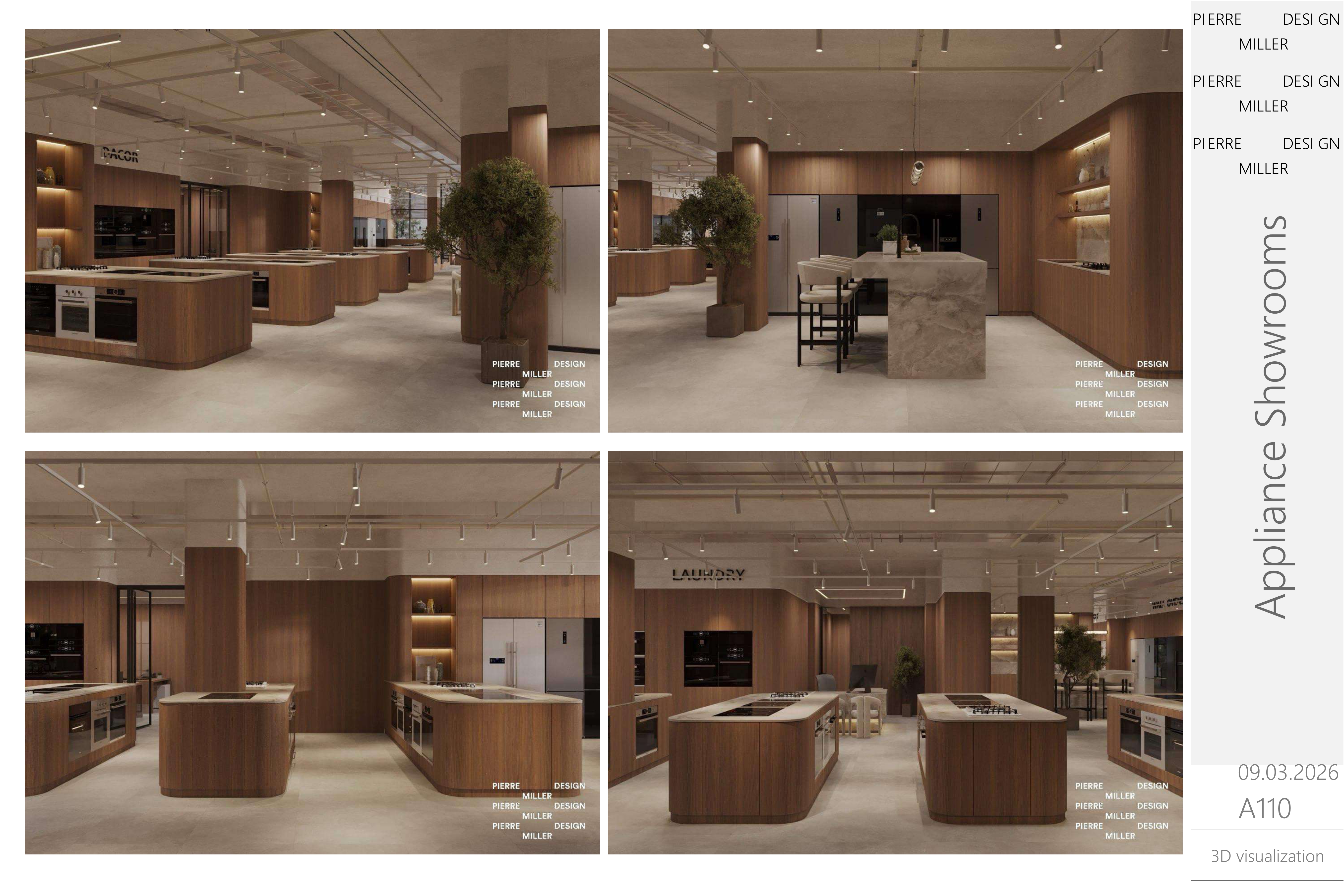 Four views across the Dacor and laundry zones with curved walnut islands, backlit display niches, oak-clad columns, a travertine island with black stools and a potted olive tree