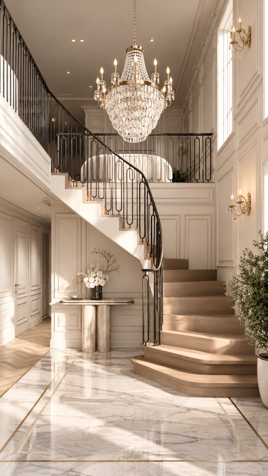 Curved staircase with wooden treads and a black oval-loop ironwork balustrade beneath a multi-tiered crystal chandelier, paired gold wall sconces, a sculptural stone console with white flowers under the stairs, a potted olive, panelled plaster walls and a marble floor with a brass inlay border opening onto herringbone oak