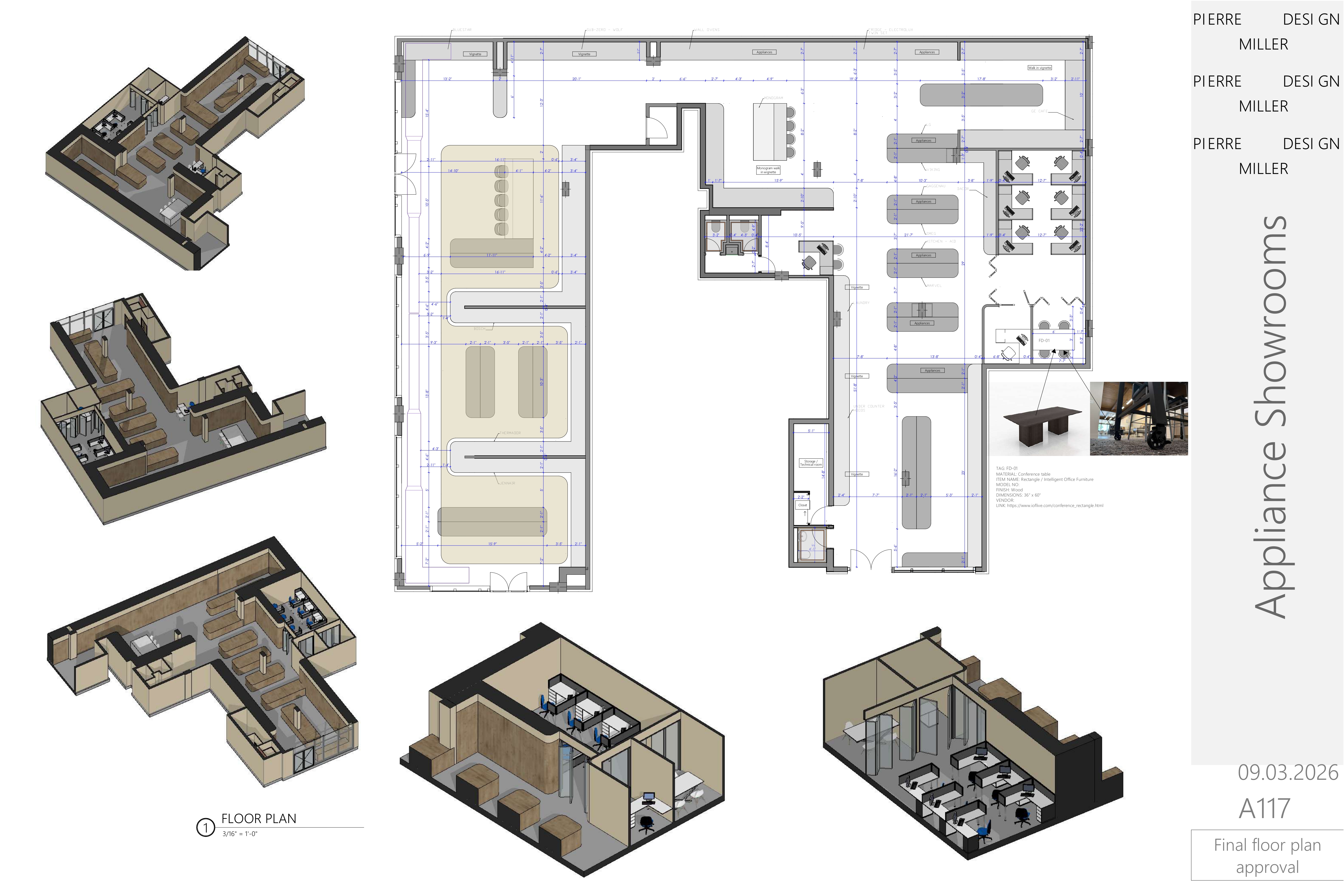 Final floor plan approval sheet with the overall plan alongside five axonometric cutaway views of the showroom, offices and meeting room, and a conference table specification