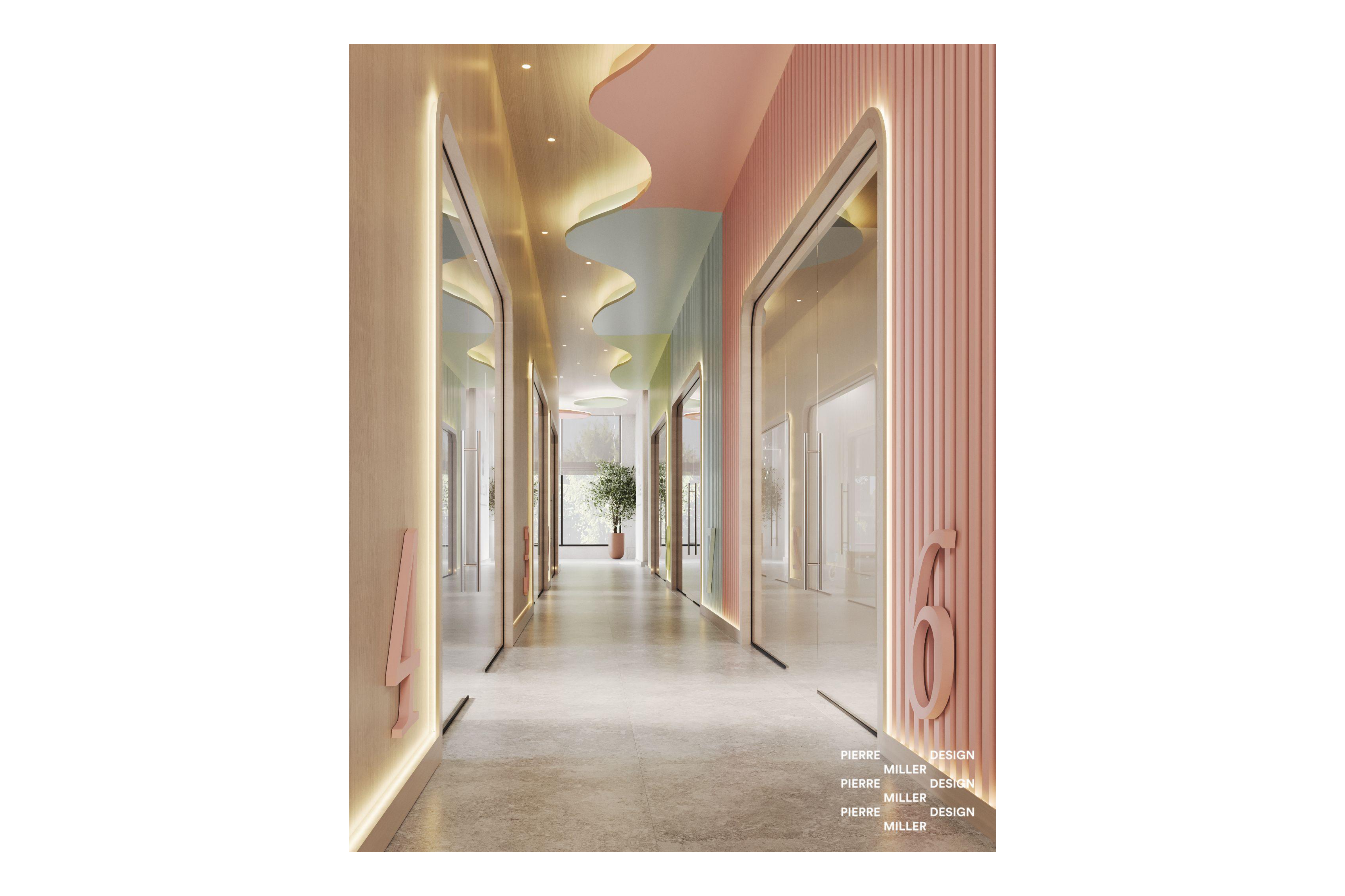 Corridor with a wave-form pastel ceiling in pink, blue and green, backlit arched doorways, fluted pink and oak wall panelling, oversized painted room numbers and a polished concrete floor